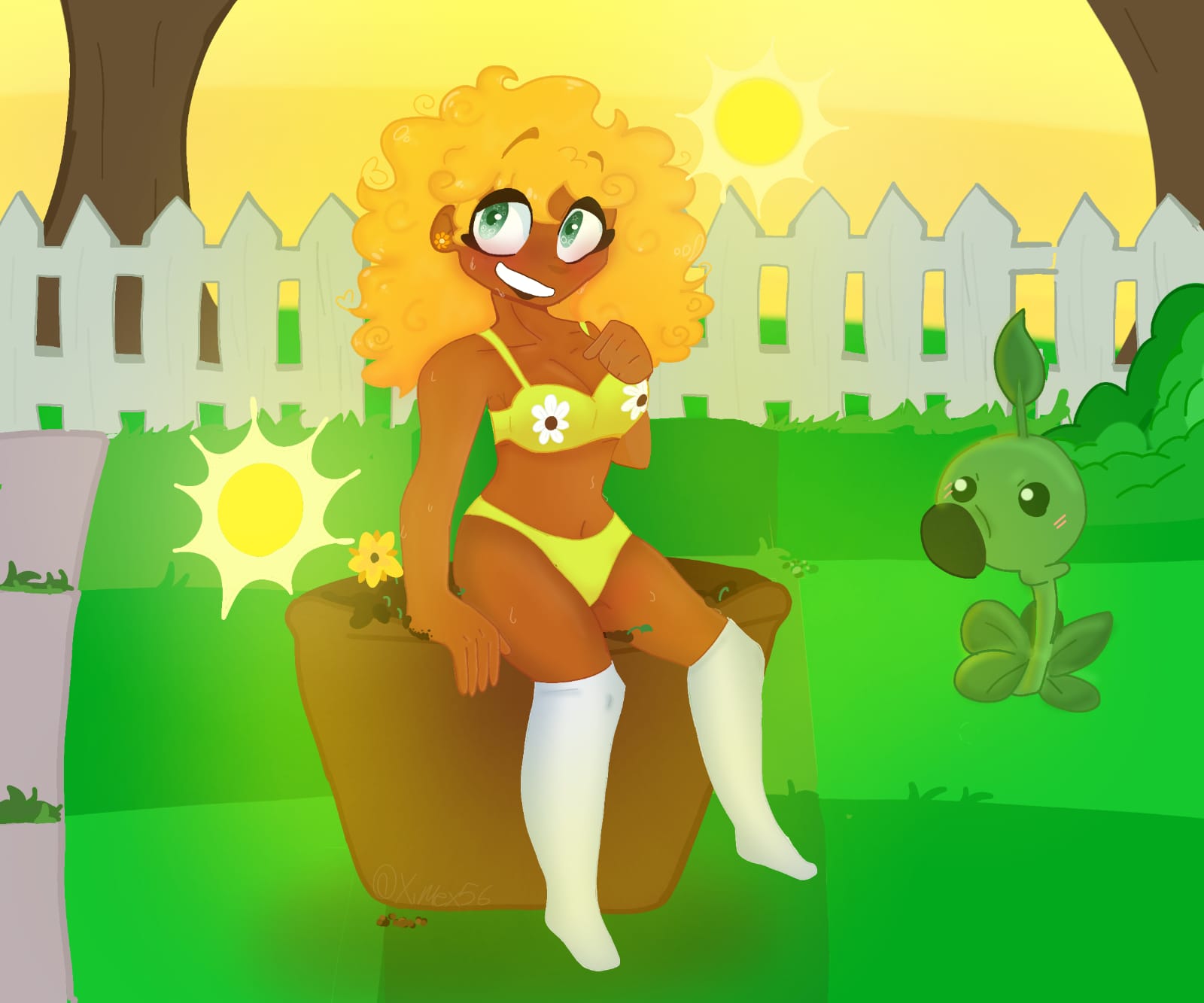 1girls animator artist_request background bikini black_body blonde_hair breasts curly_hair dark_skin female female_only flower flowerpot garden girasol_taquera grass green_eyes leggings marisol_delfin marisol_delfin_(girasol_taquera) oc original_character peashooter_(pvz) plant plants_vs_zombies sitting smile socks solo solo_female tagme tiktoker yellow_bikini