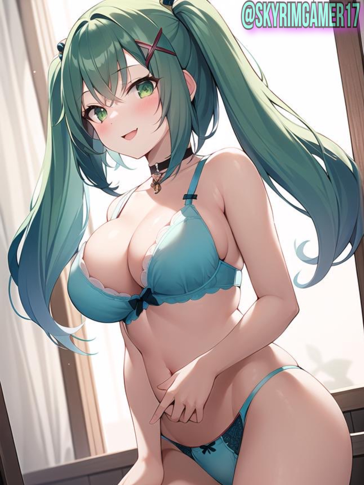 ai generated, aqua hair, ass, breasts, choker, close-up, curvaceous, curvy, curvy body, curvy female, curvy figure, curvy hips, faruzan (genshin impact), female, female focus, female only, from below, genshin impact, green eyes, hi res, high resolution, highres, huge breasts, lingerie, looking at viewer, nai diffusion, narrow waist, pov, seductive look, skyrimgamer17, smiling at viewer, stable diffusion, thick ass, thick thighs, twintails, wide hips, x hair ornament