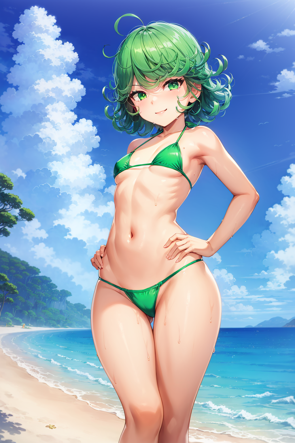 1girls ahoge ai_generated armpits bangs bare_shoulders beach bikini breasts cleavage clothing cloud collarbone curly_hair drops eyelashes female female_focus female_only forest green_eyes green_hair hand_on_hip highres human lips medium_hair mountain nai_diffusion navel ocean one-punch_man outside petite pinup plant pose revealing_clothes ribs sand shiny_skin sideboob skimpy small_breasts smile solo solo_female sosos stable_diffusion sweat sweatdrop swimsuit tatsumaki thigh_gap thighs tree underboob water