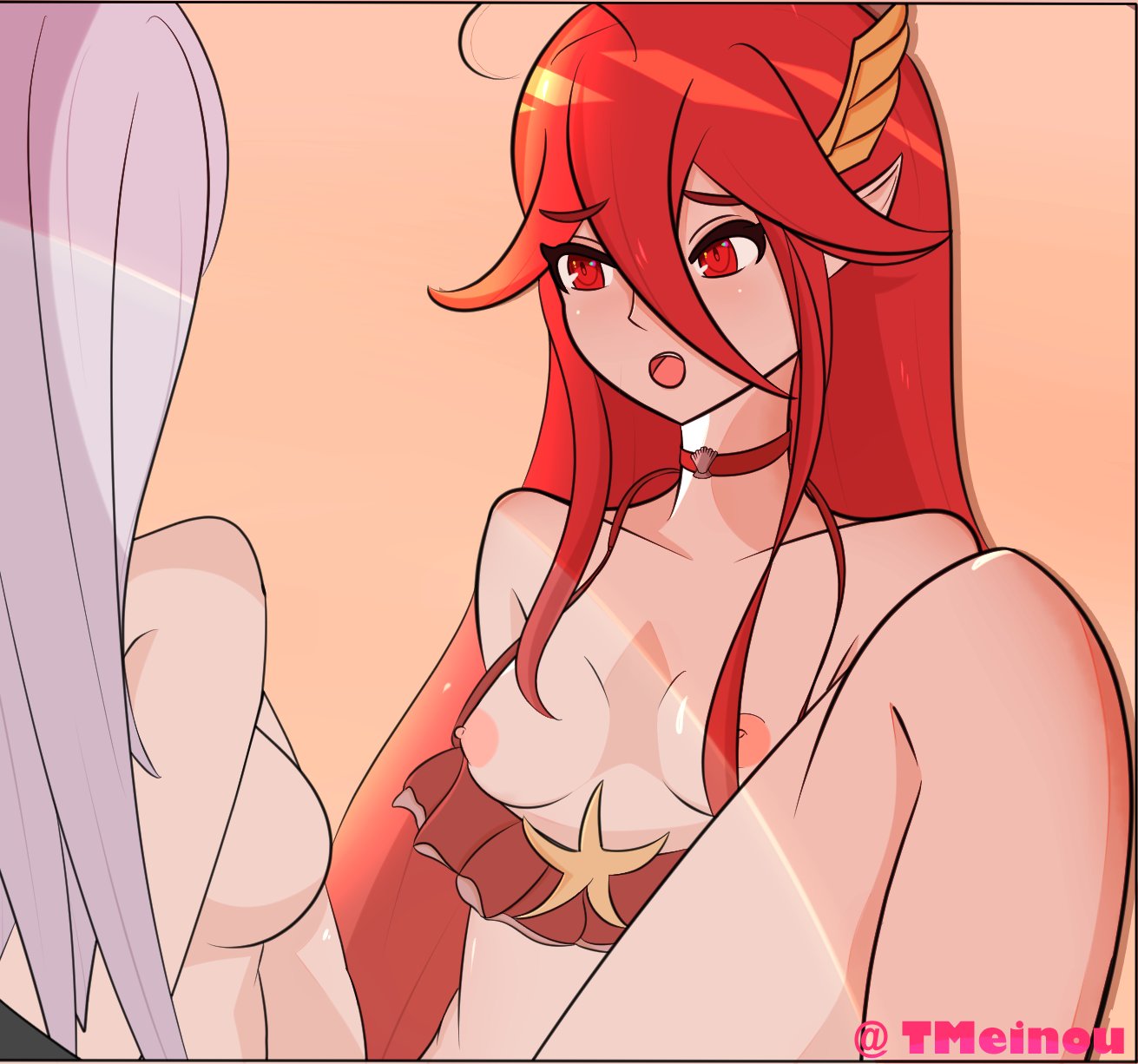 2girls alternate_costume bikini breasts breasts_out cordelia_(fire_emblem) cordelia_(summer)_(fire_emblem) female female_only fire_emblem fire_emblem_awakening fire_emblem_heroes implied_tribadism long_hair meinou nintendo official_alternate_costume open_mouth red_bikini red_eyes red_hair red_swimsuit robin_(fire_emblem) robin_(fire_emblem)_(female) swimsuit white_hair yuri