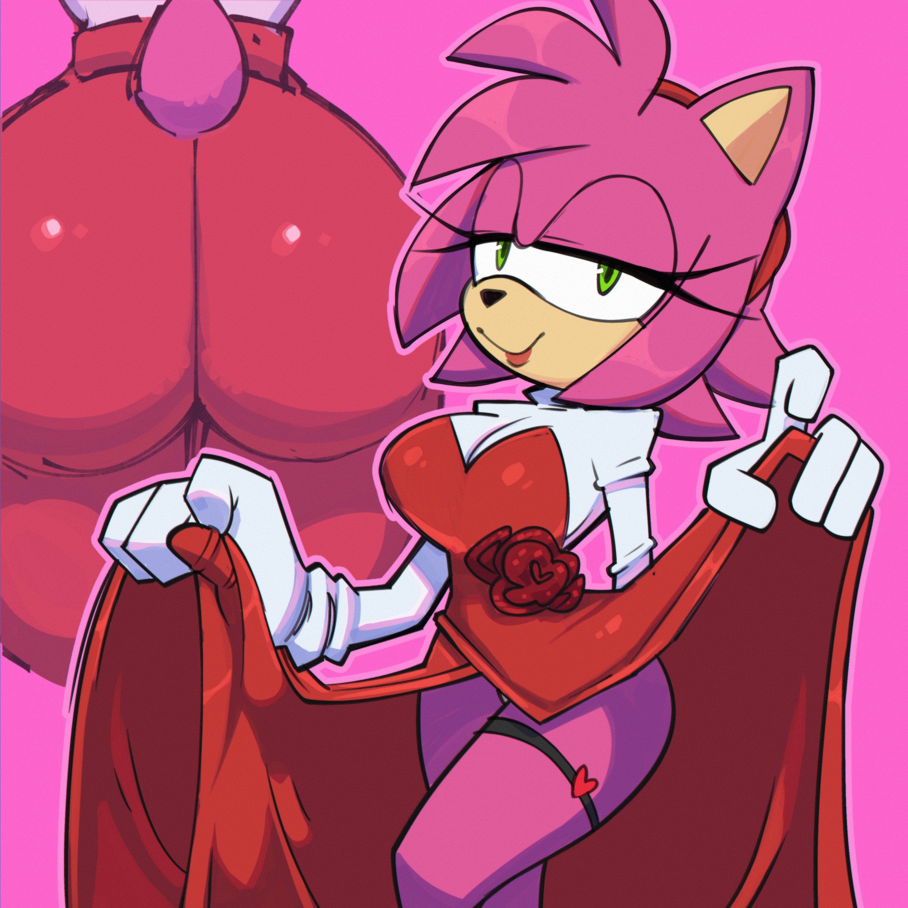 aged up, amy rose, anthro, ass, ass focus, big ass, big breasts, breasts, bubble ass, bubble butt, butt focus, canonical scene, curvaceous, dress lift, female, garter belt, gown, hedgehog, lipstick, looking at viewer, mascara, milf, monamania, pink body, rose (flower), sonic (series), sonic x, tail tuft, wrong hair color
