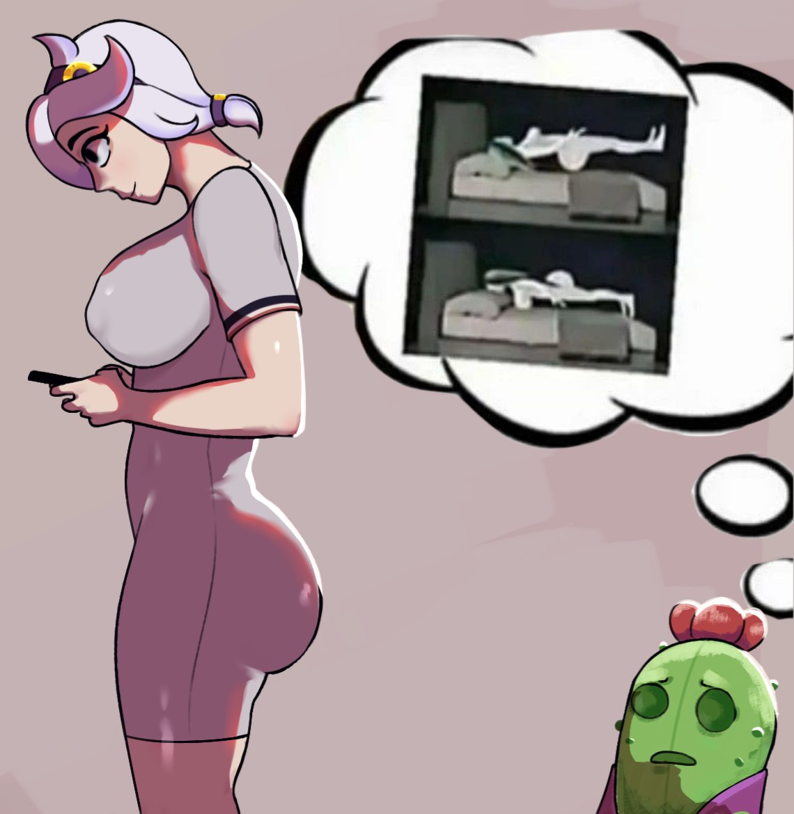 1boy, 1girls, 2023, absurd res, absurdres, al0n x, ass, big ass, big breasts, big butt, black eyes, brawl stars, breasts, bubble ass, bubble butt, busty, cactus, clothed, clothed female, clothed female clothed male, clothed male, clothing, colette (brawl stars), curvy, curvy body, curvy female, curvy figure, curvy hips, duo, female, fully clothed, fully clothed female, fully clothed male, hair ornament, hair over one eye, hi res, high resolution, highres, holding, holding object, holding phone, huge ass, huge breasts, huge butt, large ass, large breasts, large butt, light skin, light-skinned female, looking at another, looking down, male, male/female, meme, nipples, nipples visible through clothing, phone, plant, plant boy, shiny clothes, shiny skin, side view, spike (brawl stars), standing, supercell, thick thighs, thinking, thinking with portals, tight clothing, voluptuous, voluptuous female, white clothing, white hair