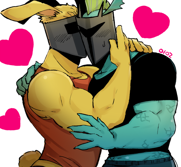 2010s 2017 2boys 3_hearts anthro anthro_only blush_lines boyfriends clothed couple dragon duo furry gay green_body green_skin heart helmet love male male/male male_anthro muscular muscular_male rabbit rg01_(undertale) rg02_(undertale) scalie sfw underkadi undertale undertale_(series) unseen_male_face white_hair yaoi yellow_fur