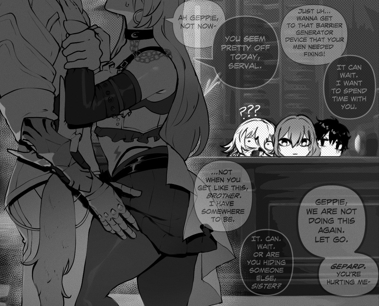 asking to stop, begging to stop, brother and sister, dan heng, english text, female, gepard (honkai: star rail), grabbing arm, hand on thigh, honkai: star rail, imminent rape, imminent sex, incest, march 7th (honkai: star rail), monochrome, noncon, nonconsensual, serval landau, sexual assault, sexual harassment, siblings, stelle (honkai: star rail), straight, tagme, thiccwithaq