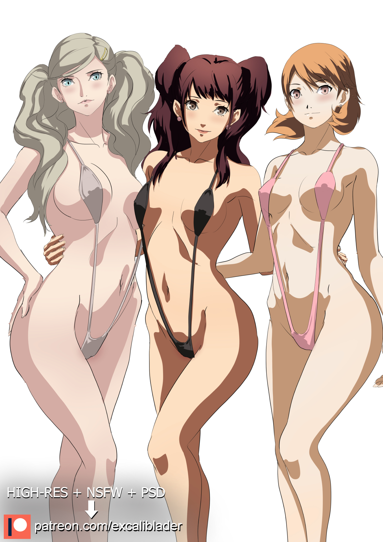3girls, alternate costume, ann takamaki, atlus, big breasts, blonde hair, blue eyes, breasts, brown eyes, brown hair, clothing, excaliblader, female, female only, human, kujikawa rise, large breasts, light skin, light-skinned female, lovers arcana, medium breasts, megami tensei, multiple females, multiple girls, pale skin, pale-skinned female, patreon, patreon logo, patreon username, persona, persona 3, persona 4, persona 5, short hair, sling bikini, slingshot swimsuit, swimsuit, swimwear, twintails, yukari takeba