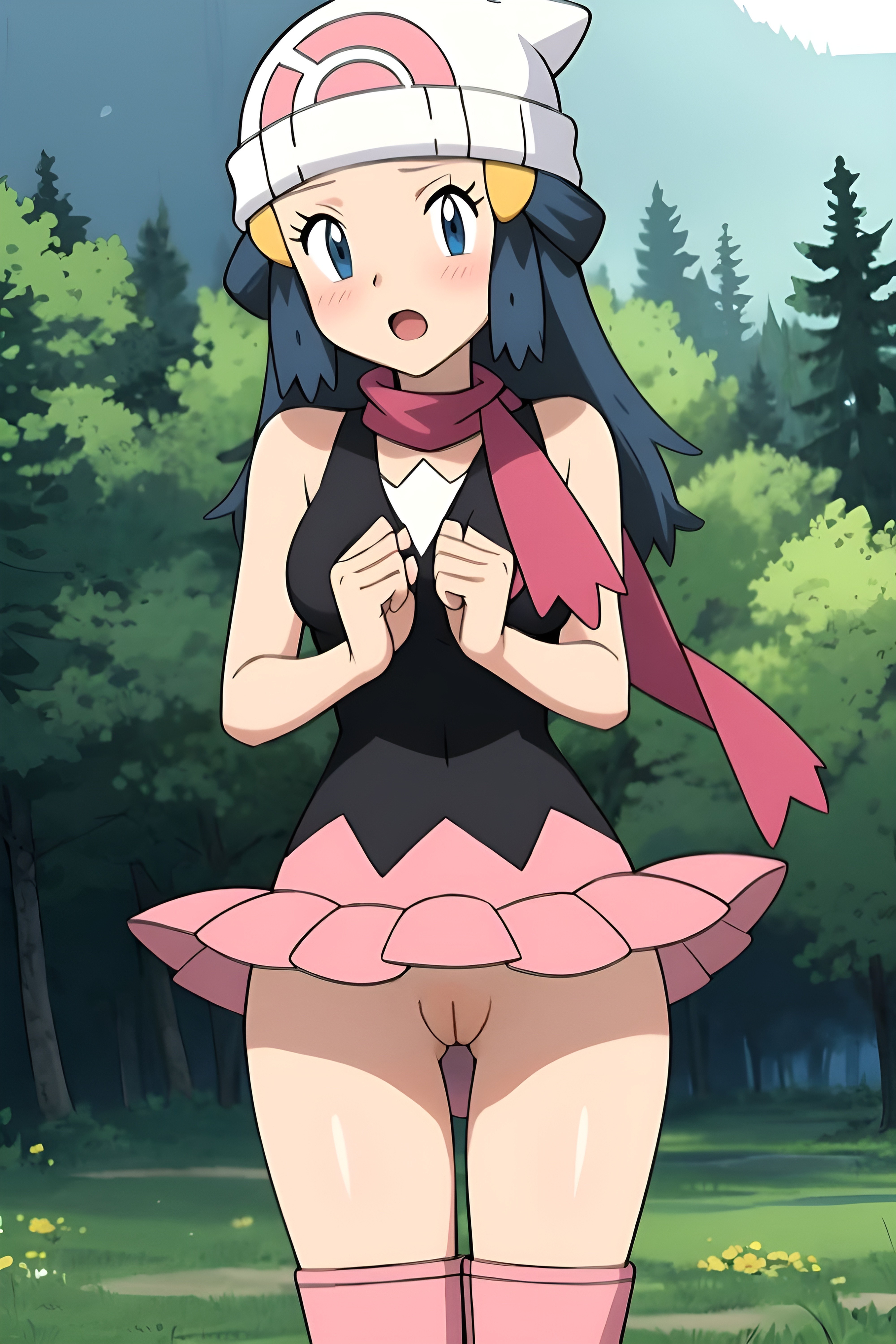 1girls, ai generated, blue eyes, blue hair, blush, breasts, clothing, dawn (pokemon), embarrassed, female, female only, headwear, innie pussy, light skin, light-skinned female, long hair, looking at viewer, medium breasts, miniskirt, open mouth, outdoors, outside, pink scarf, pink skirt, pokemon, pokemon dppt, pussy, skirt lift, solo