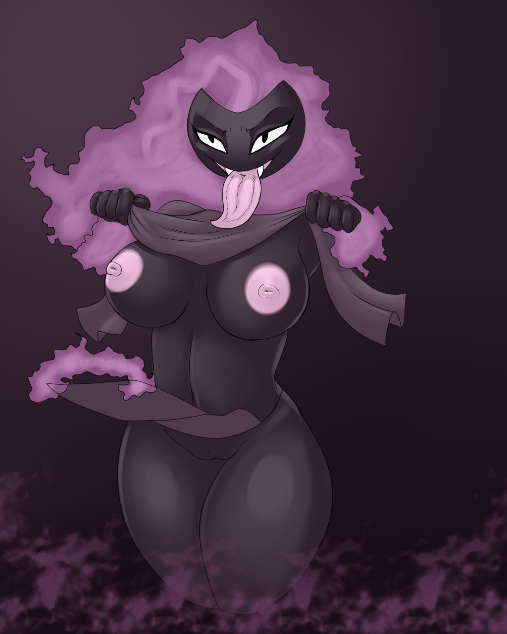 anthro big_breasts blackbetty breasts clothing female gastly genitals hi_res nintendo nipples nude pokemon pussy simple_background smile solo teeth thick_thighs tongue tongue_out