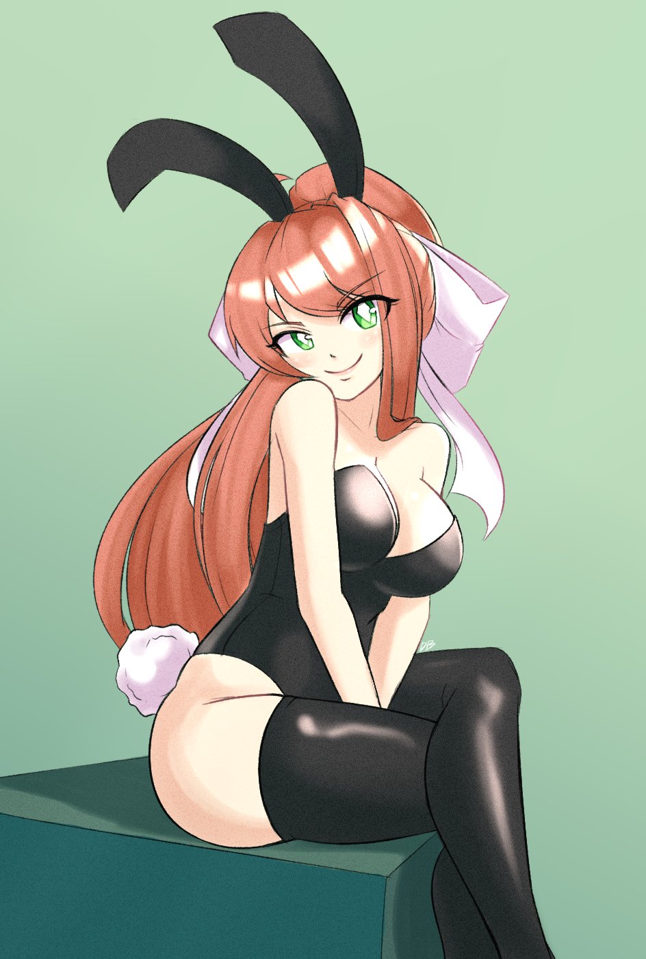 breasts, bunnysuit, doki doki literature club, female, female only, green eyes, latex, monika (doki doki literature club), sirdusterbuster, solo