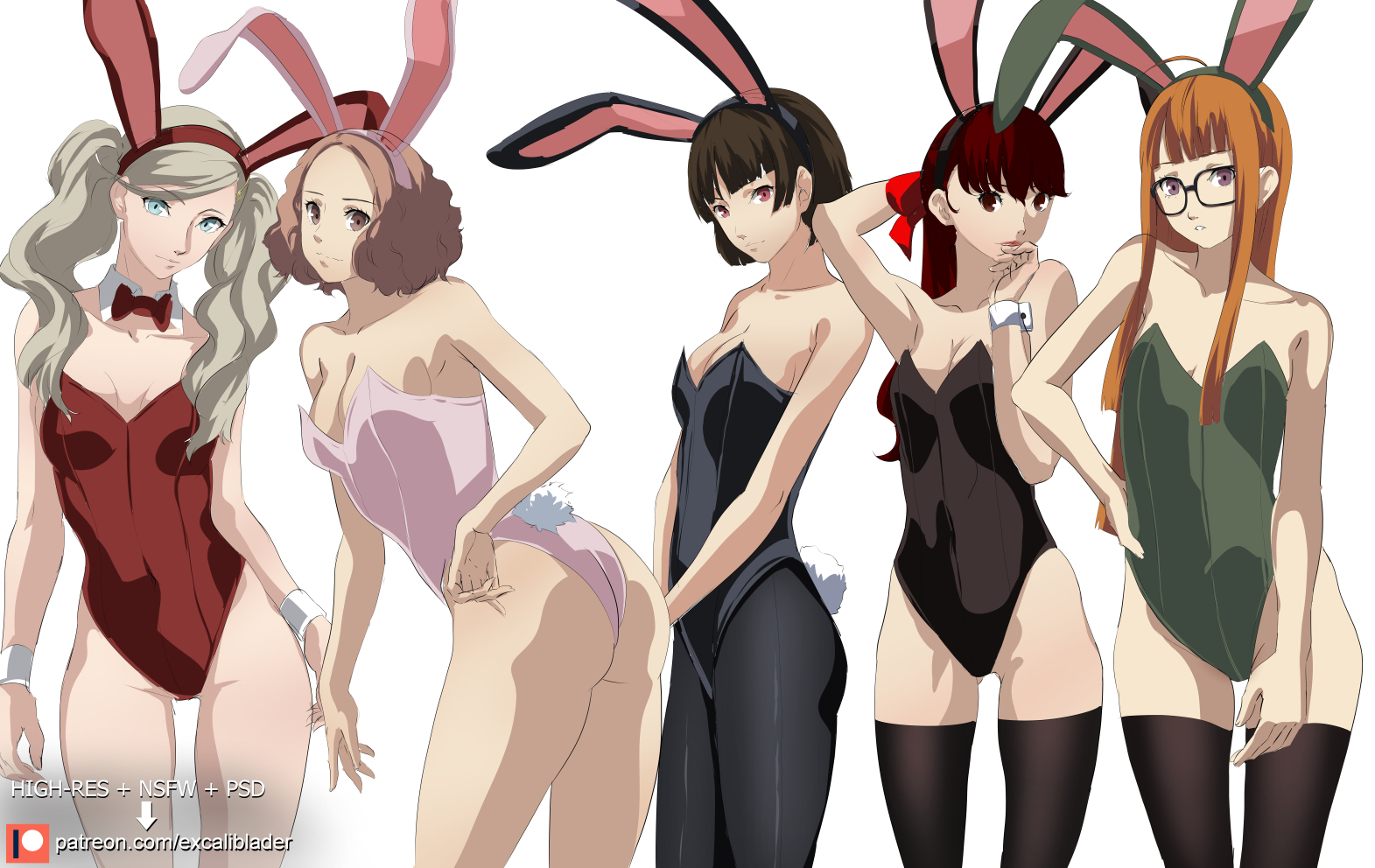 alternate costume, ann takamaki, ass, atlus, breasts, bunnysuit, excaliblader, female, female only, haru okumura, kasumi yoshizawa, makoto niijima, multiple females, multiple girls, nude, persona, persona 5, sakura futaba, sumire yoshizawa, tagme