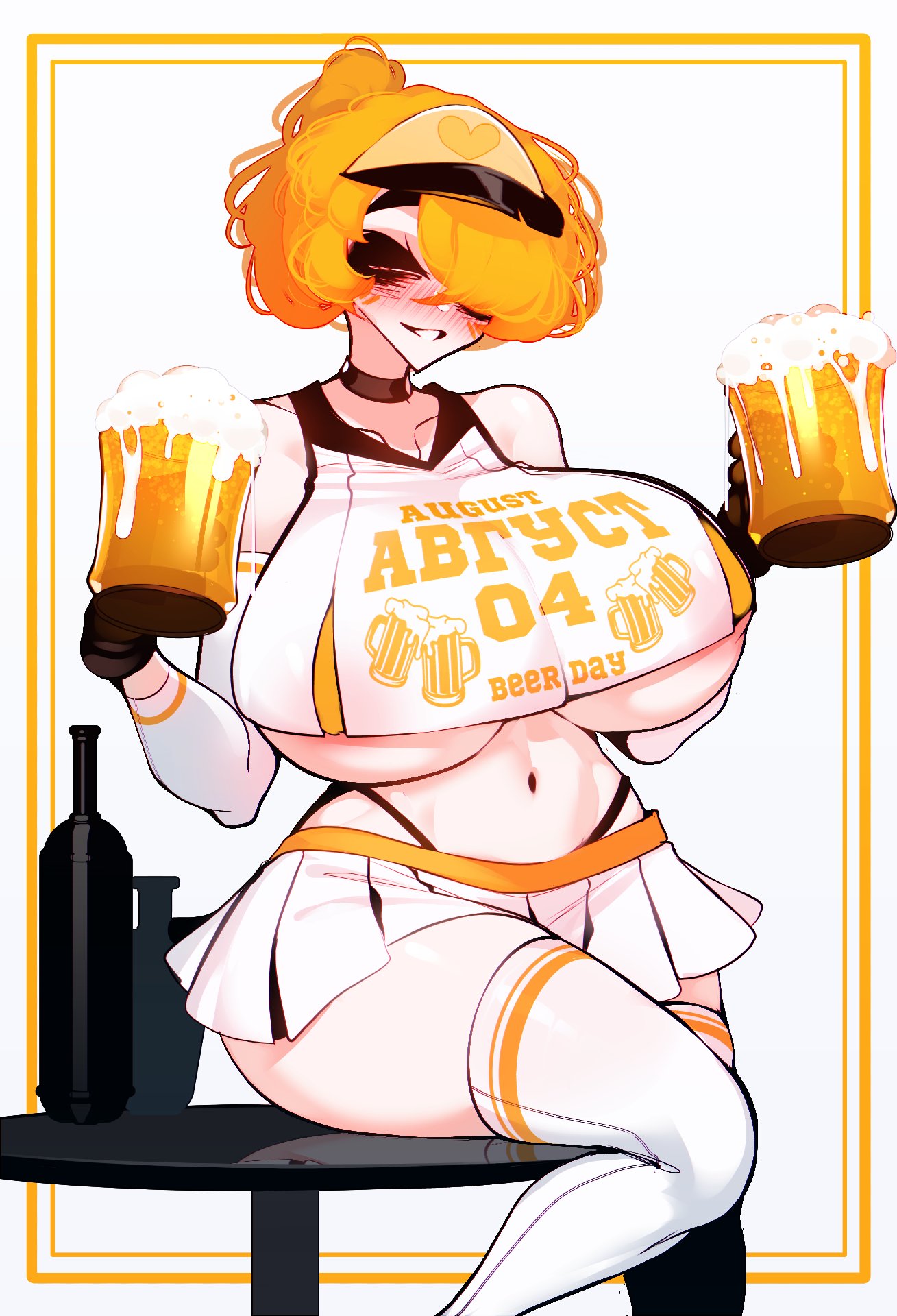 1girls almost_naked beer big_breasts blonde_hair breasts clothing drunk female_only gloves huge_breasts keiko_(sachiko2s) light-skinned_female miniskirt oktoberfest original_character sachiko short_hair solo solo_focus thick_thighs thighhighs thighs underboob white_legwear