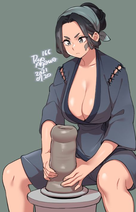 1girls artist_name artist_signature black_hair cleavage jinbei_(clothing) original phallic_imagery pottery ryo_agawa solo tagme voluptuous