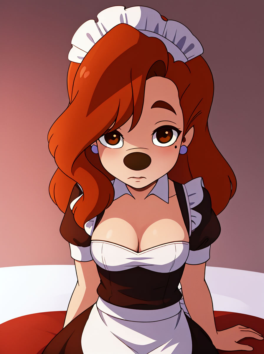 ai generated, anthro, breasts, brown eyes, cleavage, disney, earrings, female, from above, goof troop, half-closed eyes, maid, maid apron, maid headdress, mole under eye, red hair, roxanne (goof troop), sitting, stable diffusion