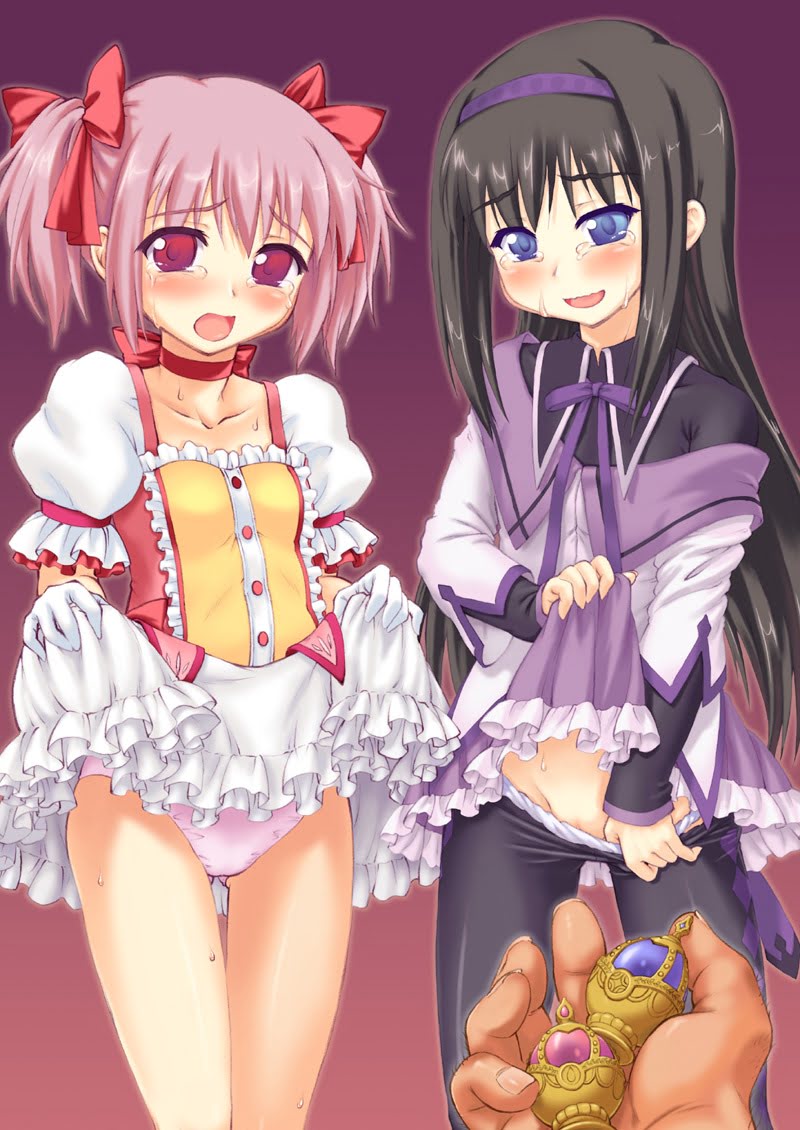 2girls akemi_homura artist_request black_hair blush crying embarrassed embarrassed_female faceless_male headband hostage imminent_rape imminent_sex lifted_by_self lifting_skirt long_hair madoka_kaname magic_user magical_girl magical_girl_outfit mahou_shoujo_madoka_magica multiple_girls panties petite petite_female pink_eyes pink_hair pink_ribbon puella_magi_madoka_magica purple_eyes pussy_peek ribbon ribbons simple_background small_breasts soul_gem twintails white_panties young