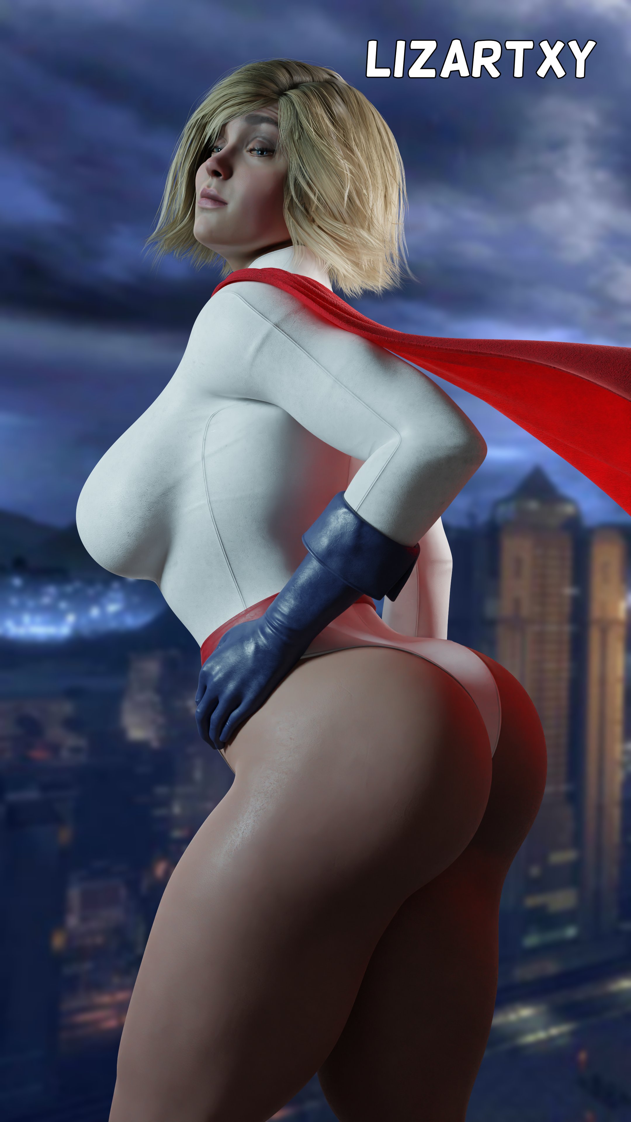 3d, ass, big ass, big breasts, blender, blonde hair, blue eyes, breasts, bubble ass, bubble butt, dc, dc comics, fat ass, female, huge ass, injustice 2, kara zor-l, karen starr, large ass, large breasts, legs, lizart xy, muscular, muscular legs, pleasure face, posing, power girl, power girl (injustice), solo, superman (series), thick, thick ass, thick thighs