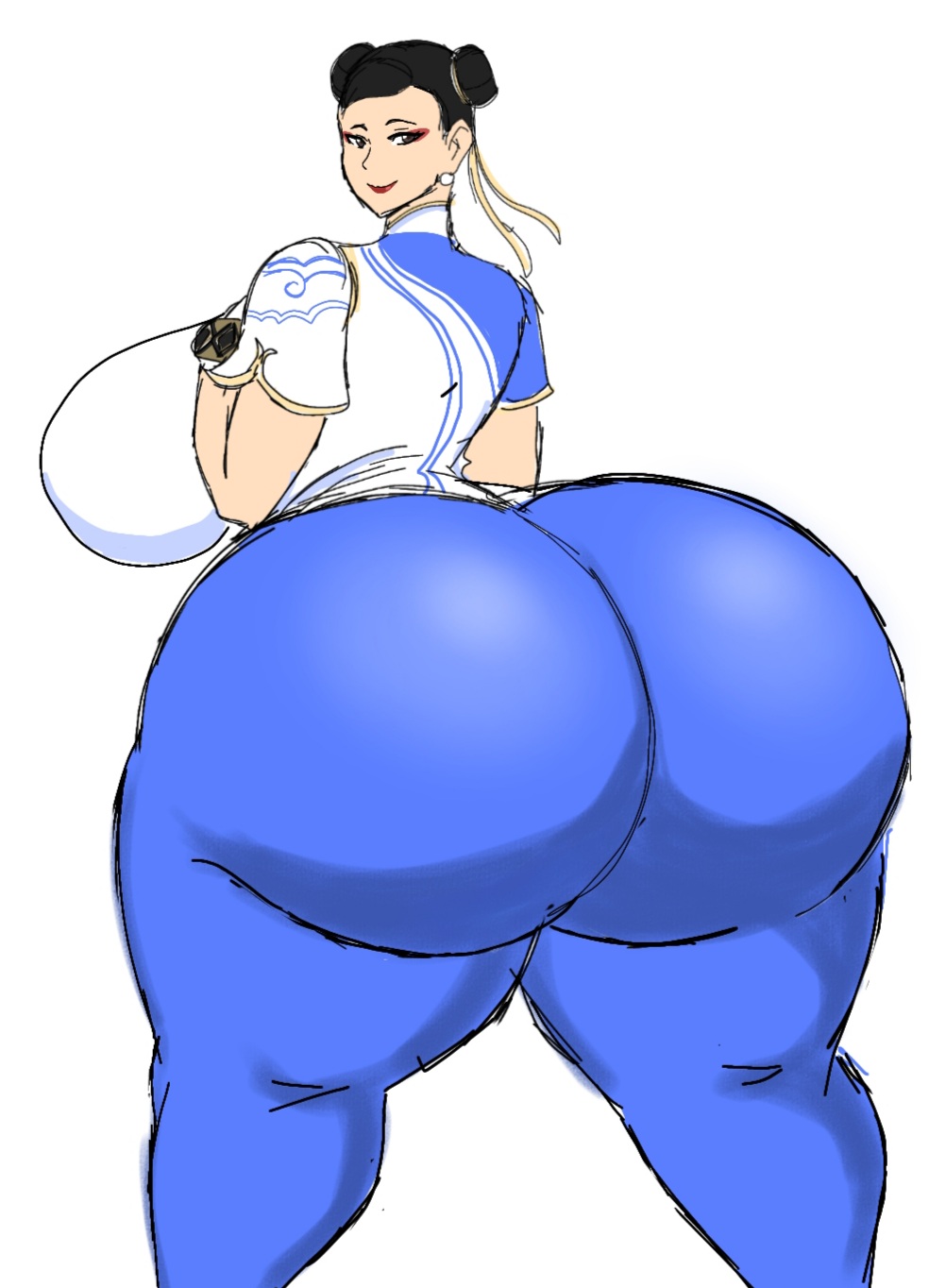1girls, ass, back view, big ass, big butt, bubble ass, bubble butt, capcom, chun-li, fat ass, fat butt, female, female only, fully clothed, huge ass, huge butt, momiji (artist), solo, street fighter, street fighter 6, thick ass, thick butt, thick thighs, white background