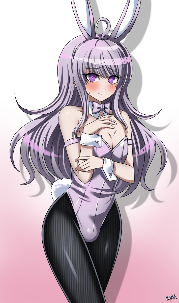 1boy 1femboy ahoge bowtie bulge bunny_costume bunny_ears bunny_tail collar crotch_bulge femboy fishnet_pantyhose izuru_planetes lewdkuma long_hair looking_at_viewer master_detective_archives:_rain_code pantyhose purple_eyes purple_hair smile yuma_kokohead