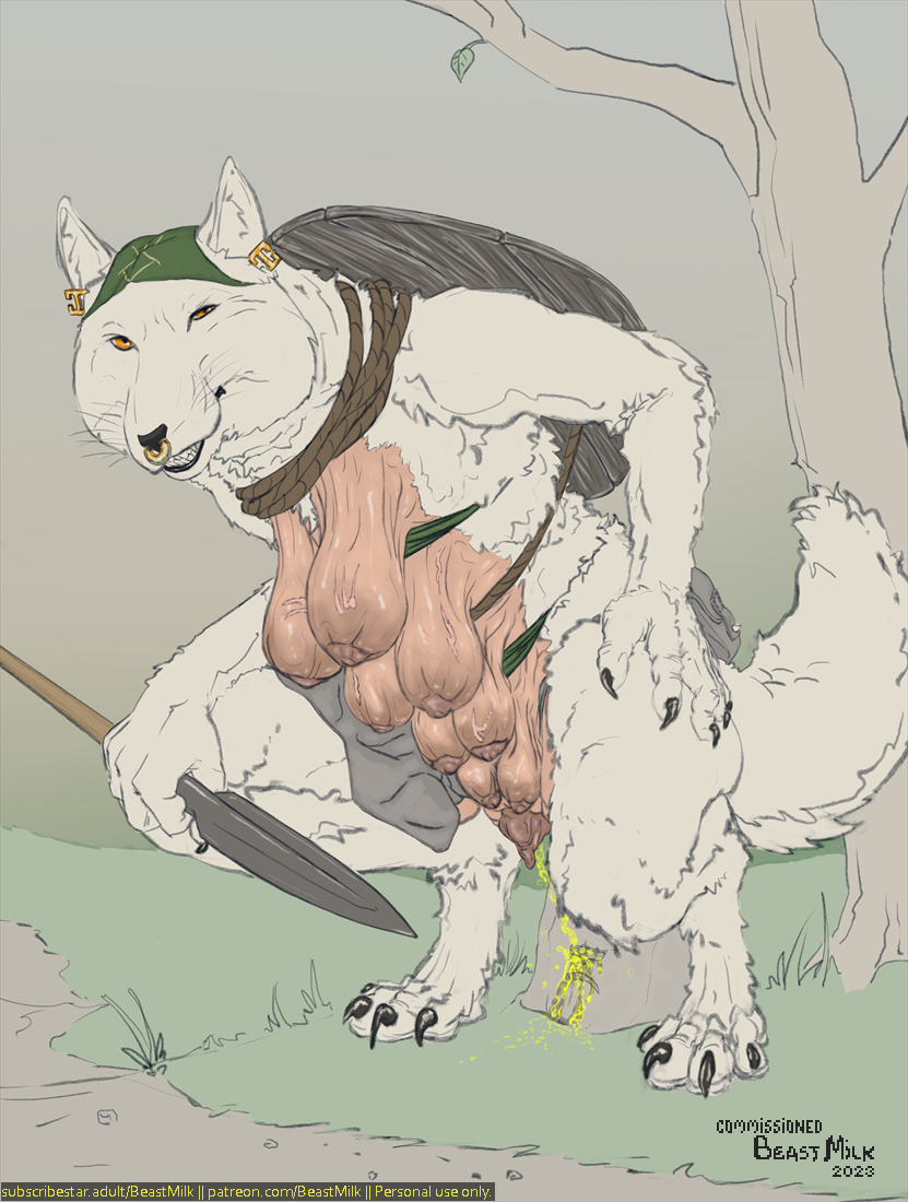 beastmilk breasts canid canine crouching ear_piercing ear_ring facial_piercing female feral fox gear genitals looking_at_viewer mammal melee_weapon nipples nose_piercing nose_ring old peeing piercing polearm pussy ring_piercing saggy saggy_breasts spear tibetan_sand_fox weapon