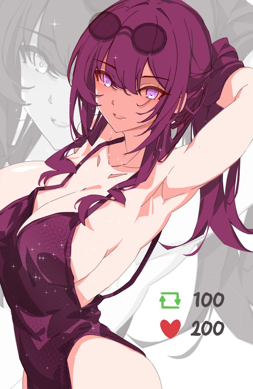 1girls, armpits, arms up, big breasts, breasts, dress, female, female only, honkai: star rail, kafka (honkai: star rail), kiliosxt, looking at viewer, purple eyes, purple hair, red hair, sideboob, solo, sunglasses, sunglasses on head