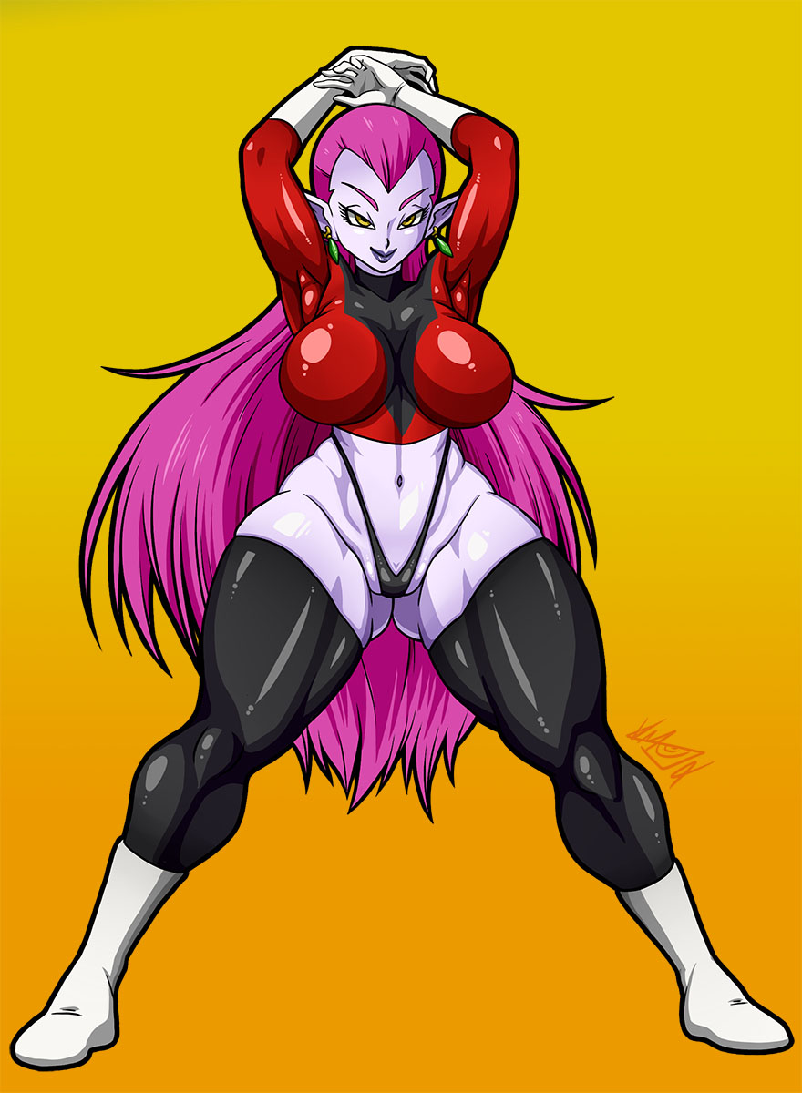 alien alien_girl armpits big_breasts boots breasts cocotte dragon_ball dragon_ball_super earrings elf_ears gloves gradient_background lipstick long_hair purple_hair purple_lipstick purple_skin simple_background thick_thighs thighs thong vlaimk yellow_eyes