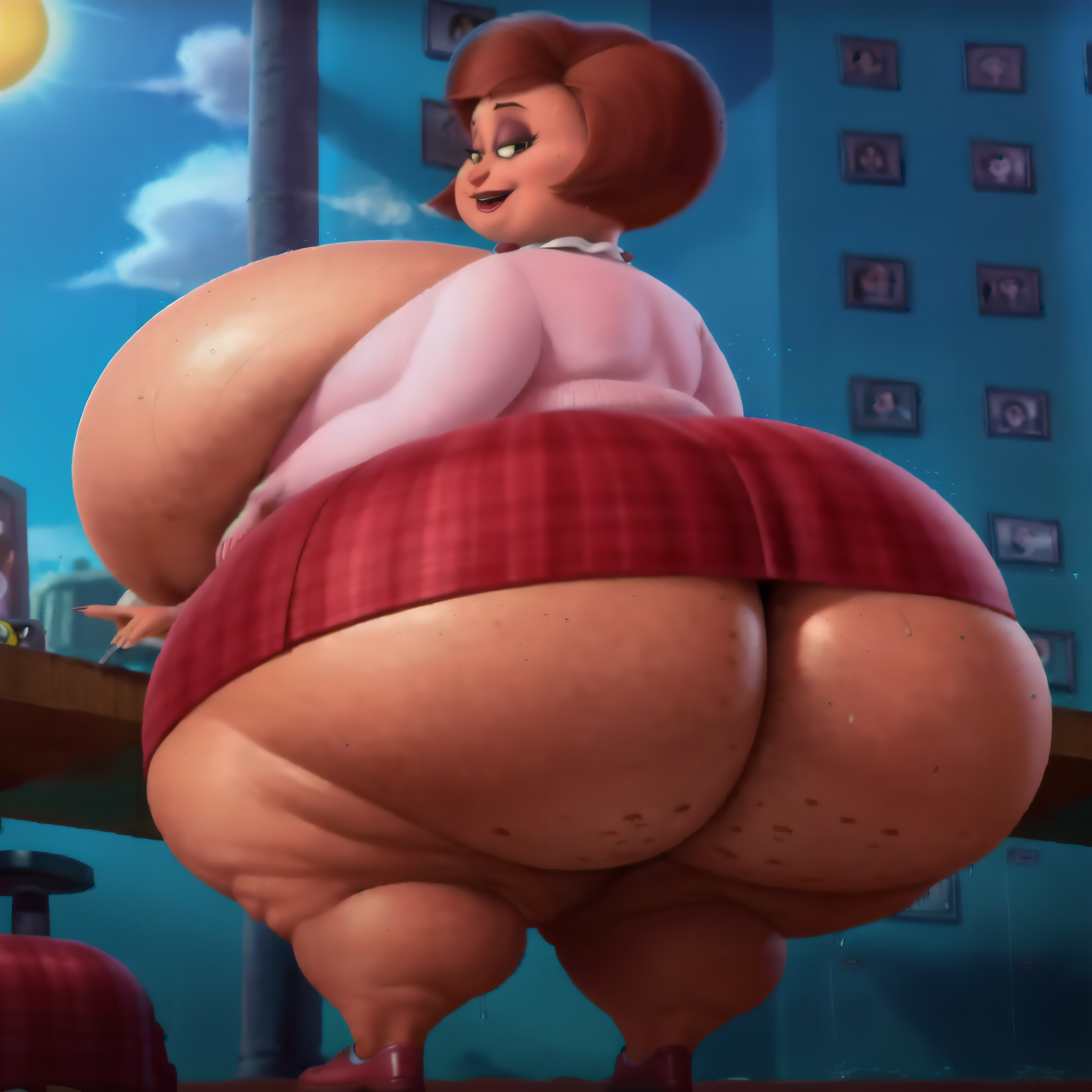 1girls, 4k, ai generated, ass, ass focus, bbw, big belly, big breasts, breasts, brown hair, butt focus, cellulite, despicable me, fat, fat female, female, highres, hyper ass, hyper breasts, large breasts, looking at viewer, looking back, matronai (artist), mature, mature female, miss hattie, overweight, overweight female, pinup, self upload, skirt, ssbbw, stable diffusion, thick thighs, wide hips