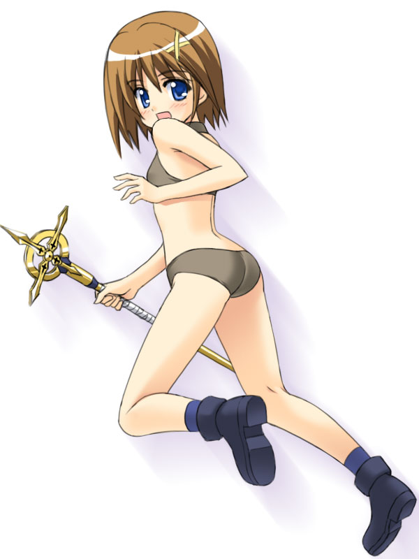 ass blue_eyes boots bra brown_hair female flat_chest hair_ornament hairclip hayate_yagami human lingerie looking_back lyrical_nanoha mahou_shoujo_lyrical_nanoha mahou_shoujo_lyrical_nanoha_a's masakichi_(crossroad) panties pettanko schwertkreuz sports_bra staff underwear