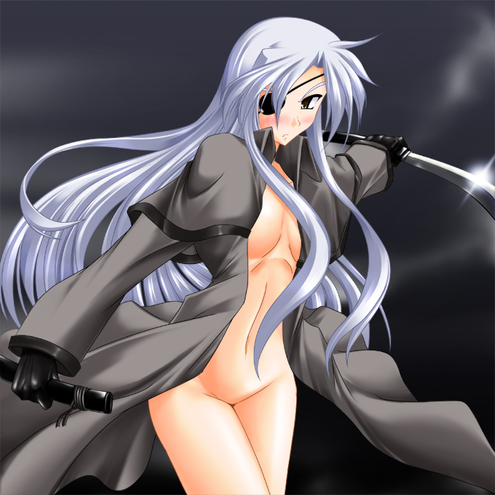 brown_eyes cinque eye_patch katana long_hair lyrical_nanoha mahou_shoujo_lyrical_nanoha mahou_shoujo_lyrical_nanoha_strikers nude silver_hair sword trenchcoat weapon