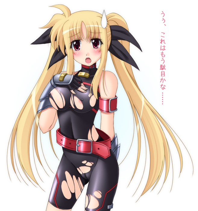 belt blonde_hair blush bodysuit breasts cameltoe erect_nipples fate_testarossa gloves hair_ribbon long_hair lyrical_nanoha mahou_shoujo_lyrical_nanoha mahou_shoujo_lyrical_nanoha_strikers narutaki_shin oppai red_eyes ribbon skin_tight sweatdrop text tied_hair torn_clothes translated twintails very_long_hair