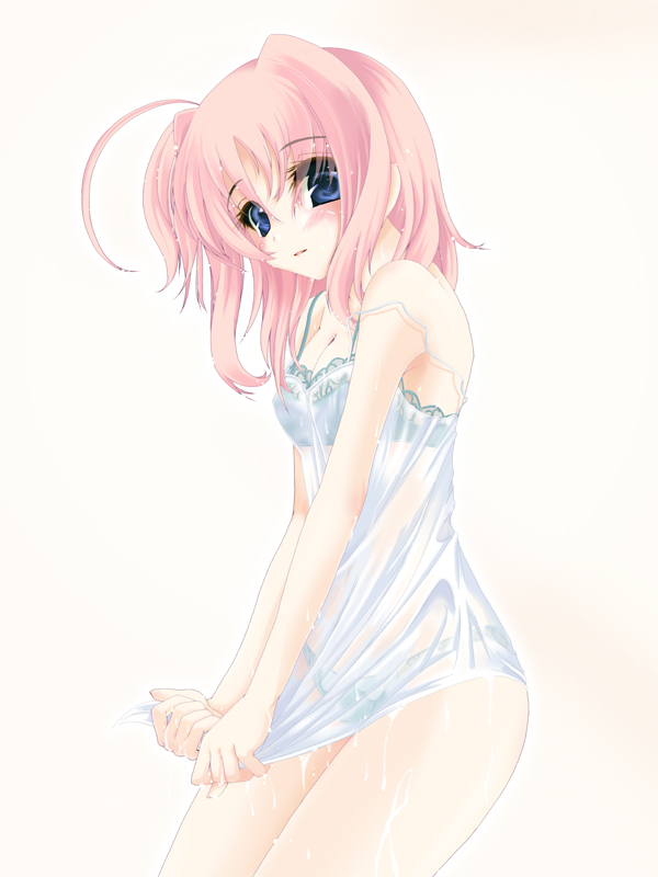 blue_eyes blue_panties blush bra breasts camisole caro_ru_lushe cleavage frapowa lingerie lyrical_nanoha mahou_shoujo_lyrical_nanoha_strikers oppai panties pink_hair purple_eyes see-through short_hair strap_slip underwear wet