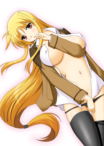 blonde_hair blush erect_nipples fate_testarossa female female_only long_hair low-tied_long_hair lowleg lowleg_panties lowleg_pantsu lyrical_nanoha mahou_shoujo_lyrical_nanoha mahou_shoujo_lyrical_nanoha_strikers open_clothes open_shirt panties red_eyes sakura_yuu shirt solo thighhighs tsab_ground_military_uniform underwear undressing very_long_hair