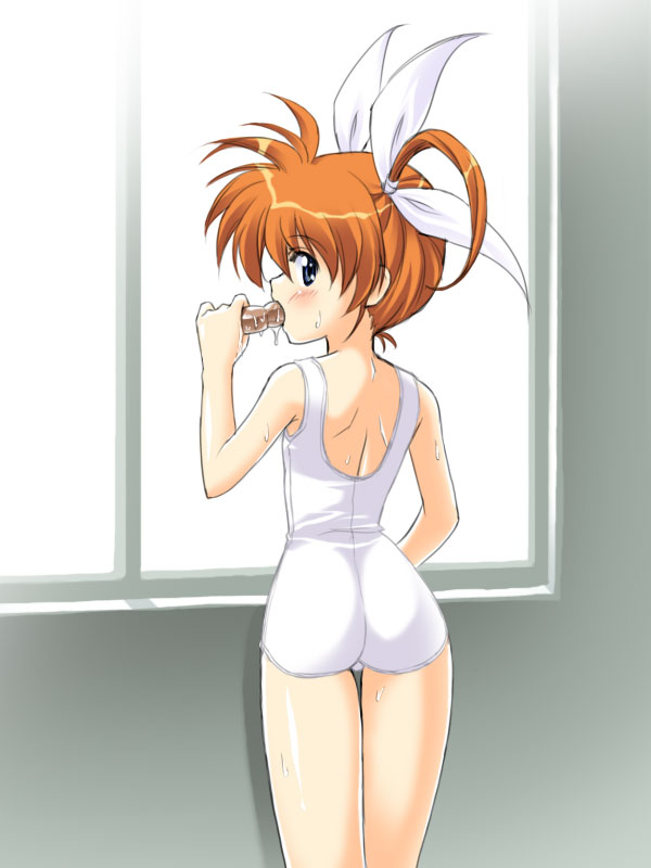 ass looking_back lyrical_nanoha mahou_shoujo_lyrical_nanoha mahou_shoujo_lyrical_nanoha_a's masakichi_(crossroad) mizugi one-piece_swimsuit popsicle school_swimsuit sexually_suggestive sukumizu swimsuit takamachi_nanoha white_school_swimsuit white_swimsuit