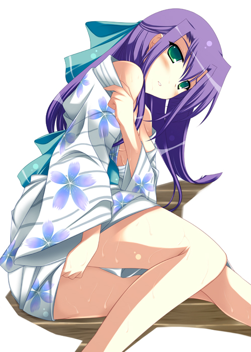 blush ginga_nakajima green_eyes hair_ribbon ibuki_pon japanese_clothes kimono long_hair lyrical_nanoha mahou_shoujo_lyrical_nanoha mahou_shoujo_lyrical_nanoha_strikers purple_hair ribbon solo sweat undressing wafuku yukata