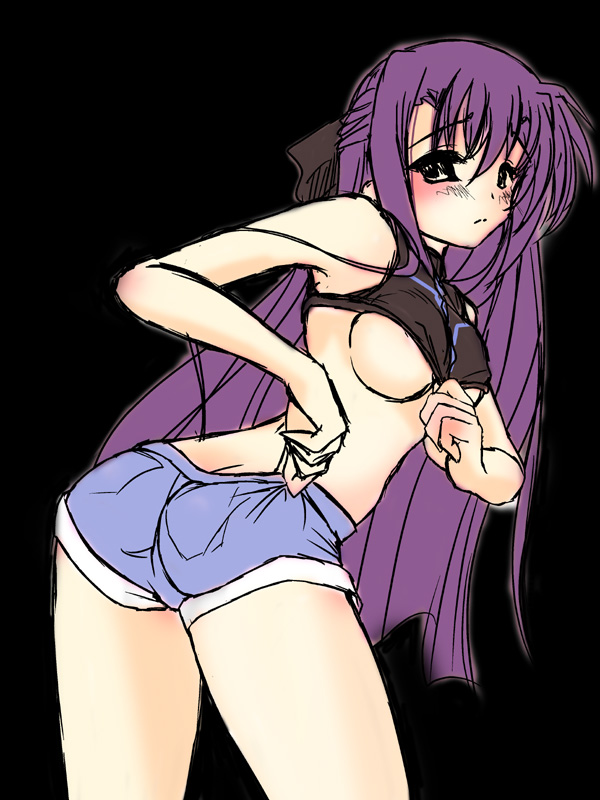 breasts denim denim_shorts frapowa ginga_nakajima lyrical_nanoha mahou_shoujo_lyrical_nanoha mahou_shoujo_lyrical_nanoha_strikers oppai purple_hair shitapai shorts sketch underboob