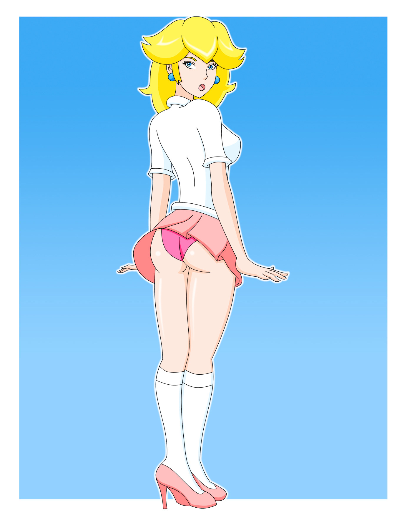 ass, blue background, female, female only, full body, high heels, mario (series), miniskirt, nintendo, panties, pantyshot, pantyshot (standing), pervyangel, pink panties, princess peach, schoolgirl, solo female, upskirt, white background, wind lift