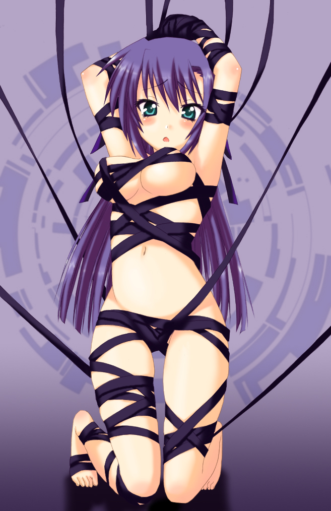 barefoot bondage feet ginga_nakajima green_eyes long_hair lyrical_nanoha mahou_shoujo_lyrical_nanoha mahou_shoujo_lyrical_nanoha_strikers nude purple_hair ribbon_bondage saki_chisuzu sakichi_suzu solo tied_arms tied_hands