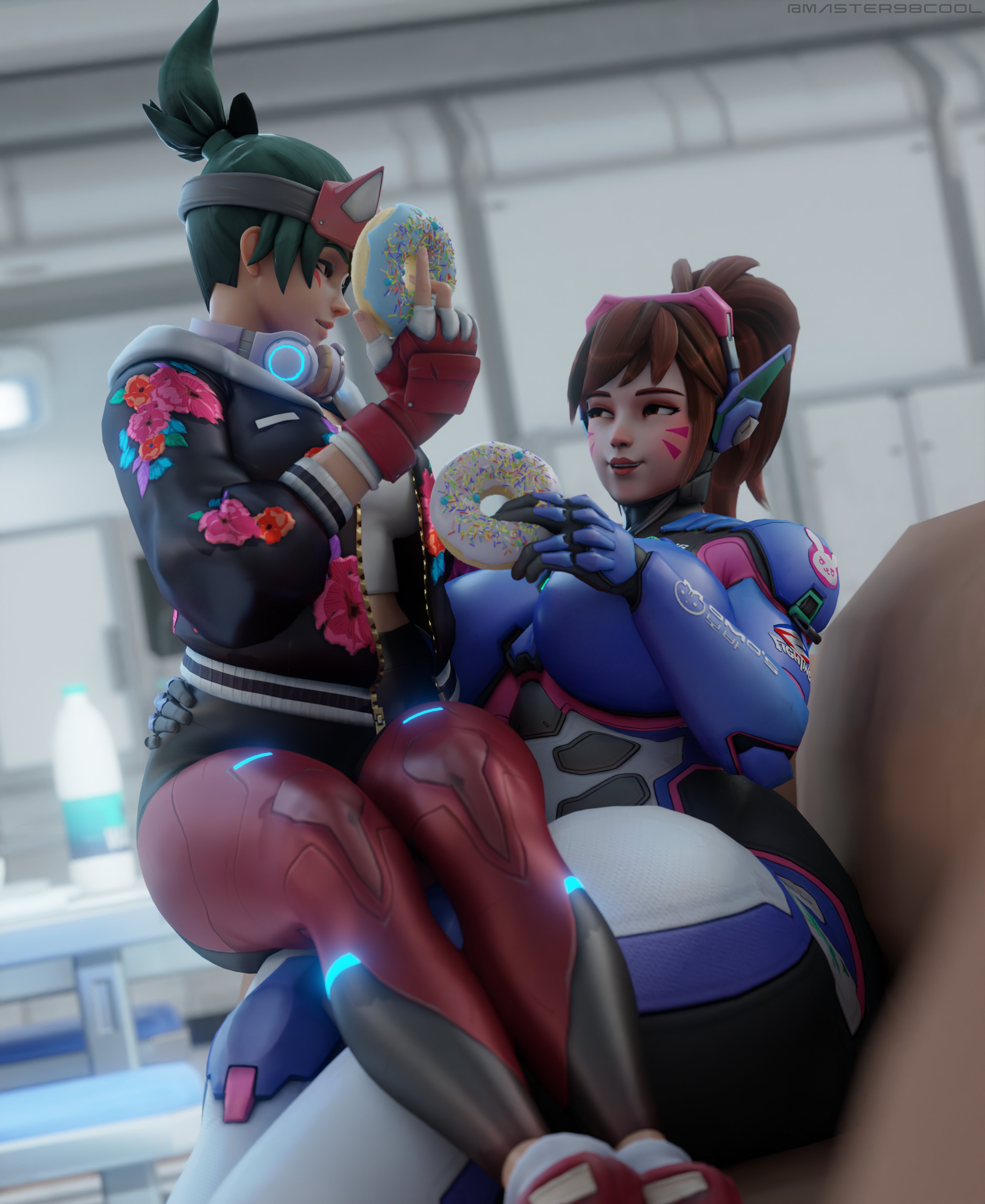 2girls, 3d, athleisure kiriko, bbw, blizzard entertainment, breasts, chubby, coolmaster98, curvy, d.va, d.va (overwatch 2 suit), donut, female, hana song, huge thighs, kiriko (overwatch), large breasts, overwatch, overwatch 2, overweight, sitting on lap, tagme