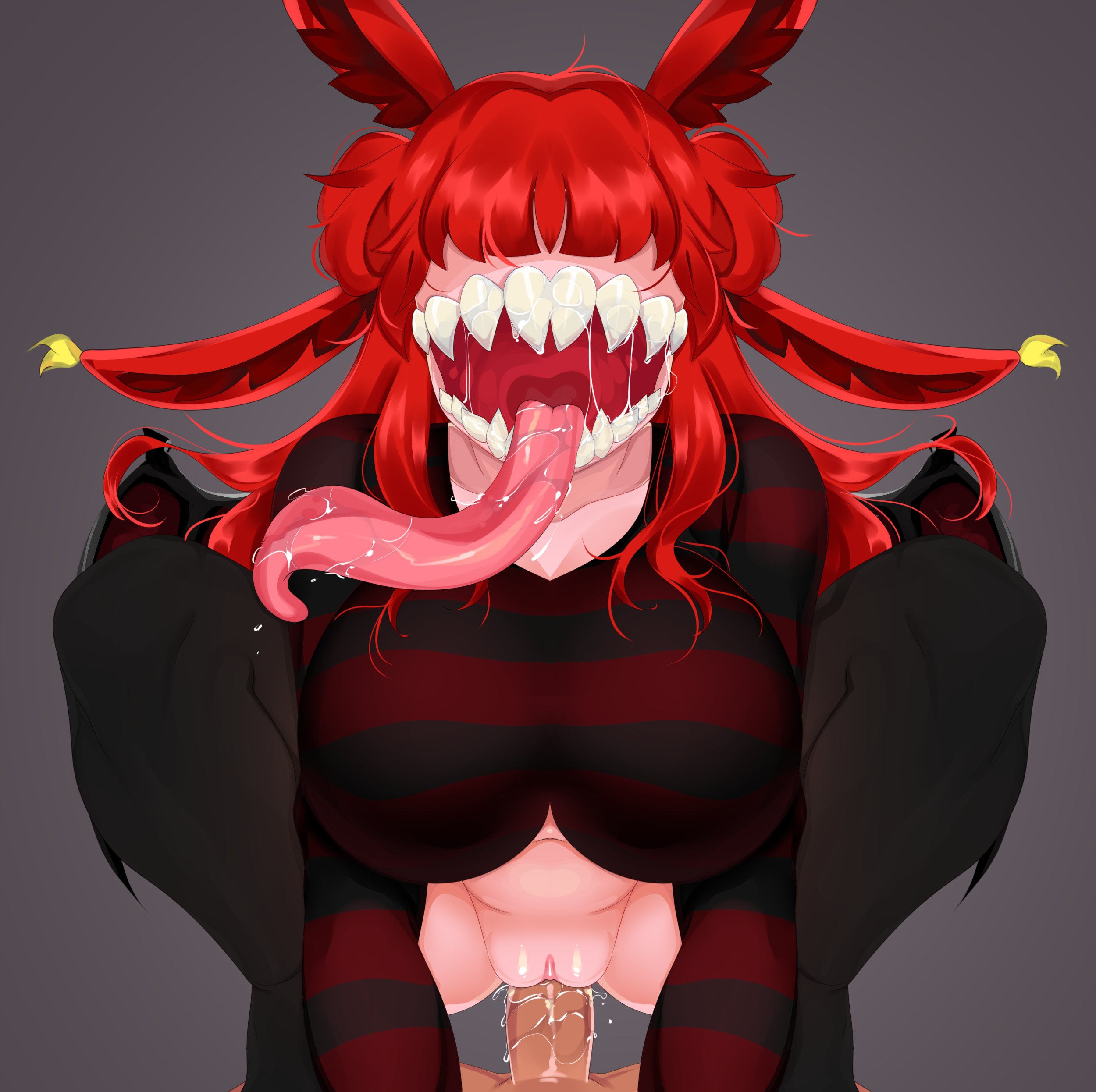 1boy, 1girls, big breasts, breasts, female, furry ears, grey background, long hair, long sleeves, long tongue, looking at viewer, male, monster girl, open mouth, pale skin, pussy, red hair, riding, roblox, roblox avatar, roblox rthro, self upload, sharp teeth, squatting, squish (squishyte), squishyte, sweater, tagme, thighs, wet pussy, wet tongue