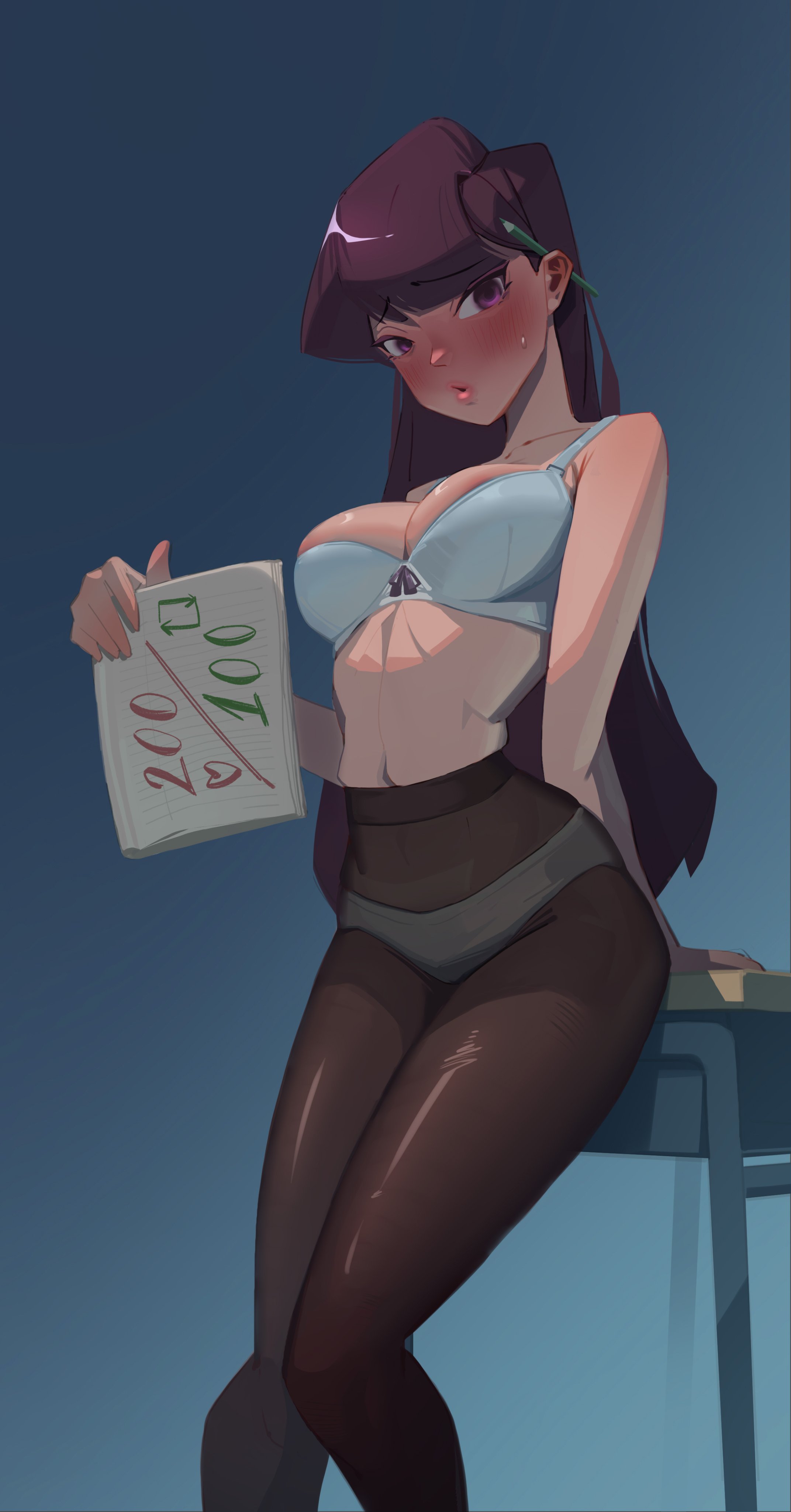 1girls, big breasts, blush, bra, breasts, covering, covering breasts, female, female only, half naked, half-dressed, komi shouko, komi-san wa komyushou desu, long hair, looking at viewer, notebook, panties, pantyhose, school uniform, schoolgirl, schoolgirl uniform, solo, strip game, suayber, tight clothing, tight fit, tights, topless, underwear, underwear only, wide hips