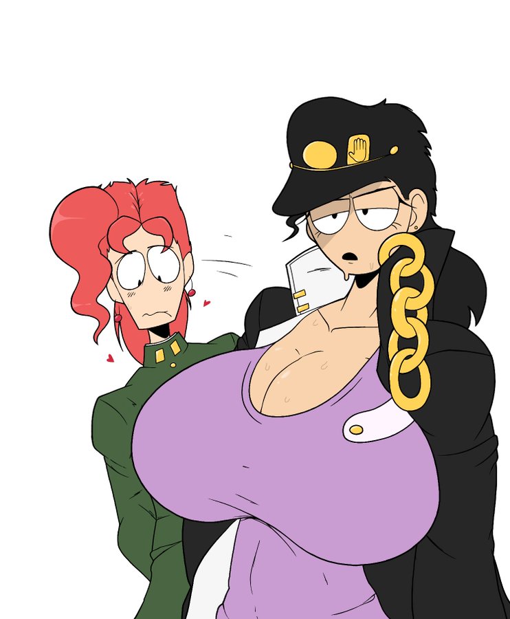 1boy, 1girls, big breasts, black hair, breasts, female, female jotaro, genderswap, gold jewelry, hat, huge breasts, human, jojo's bizarre adventure, jotaro kujo, light skin, light-skinned female, long hair, male, noriaki kakyoin, red hair, rule 63, school uniform, shounen jump, simple background, stardust crusaders, theimmortalguy, white background