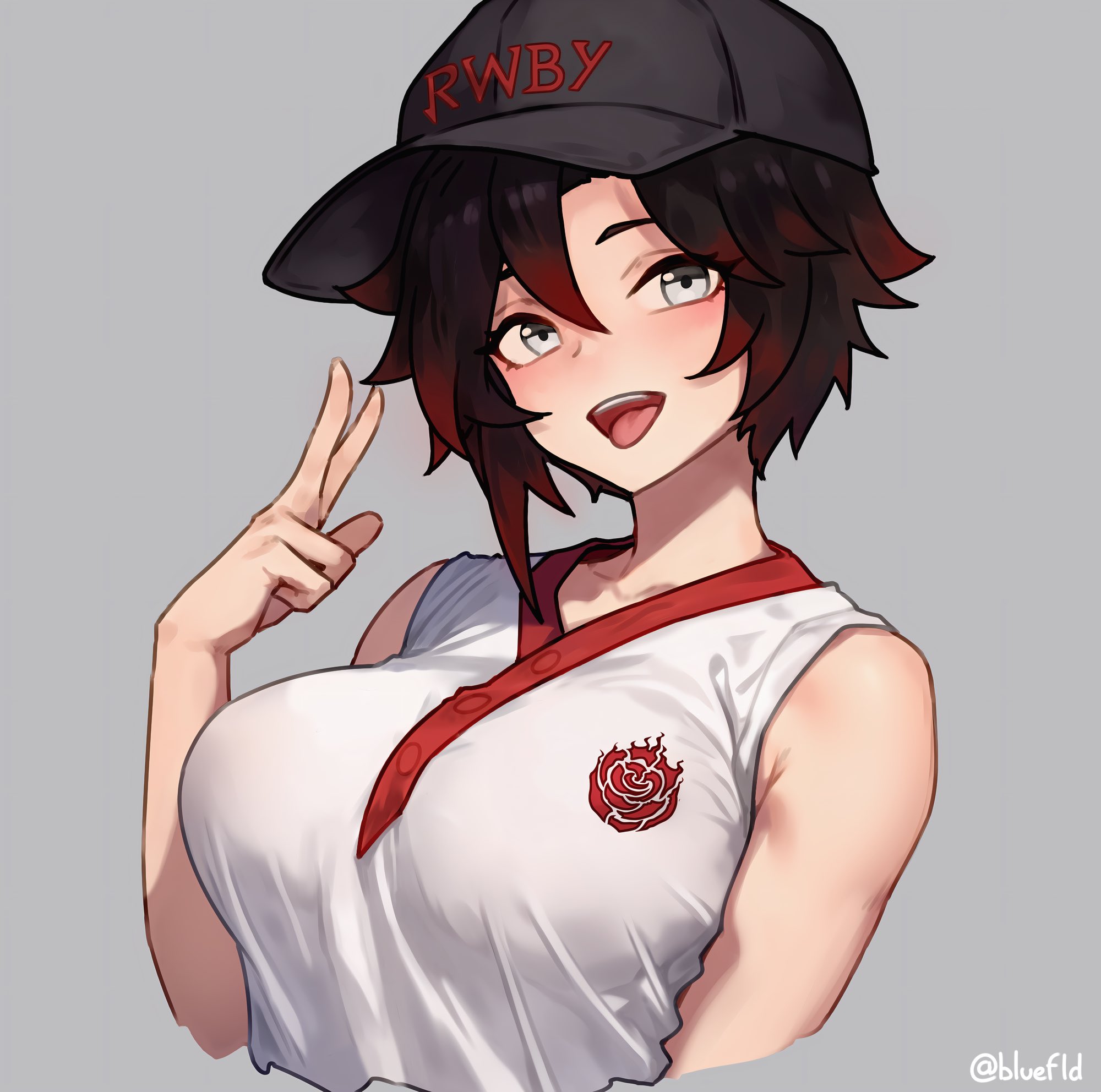 1girls, alternate breast size, bare shoulders, big breasts, bluefield, breasts, clothed, clothes, clothing, female, female only, fully clothed, hat, huge breasts, human, human only, large breasts, light skin, light-skinned female, ruby rose, rwby, solo, solo female, tie between breasts, tight clothing