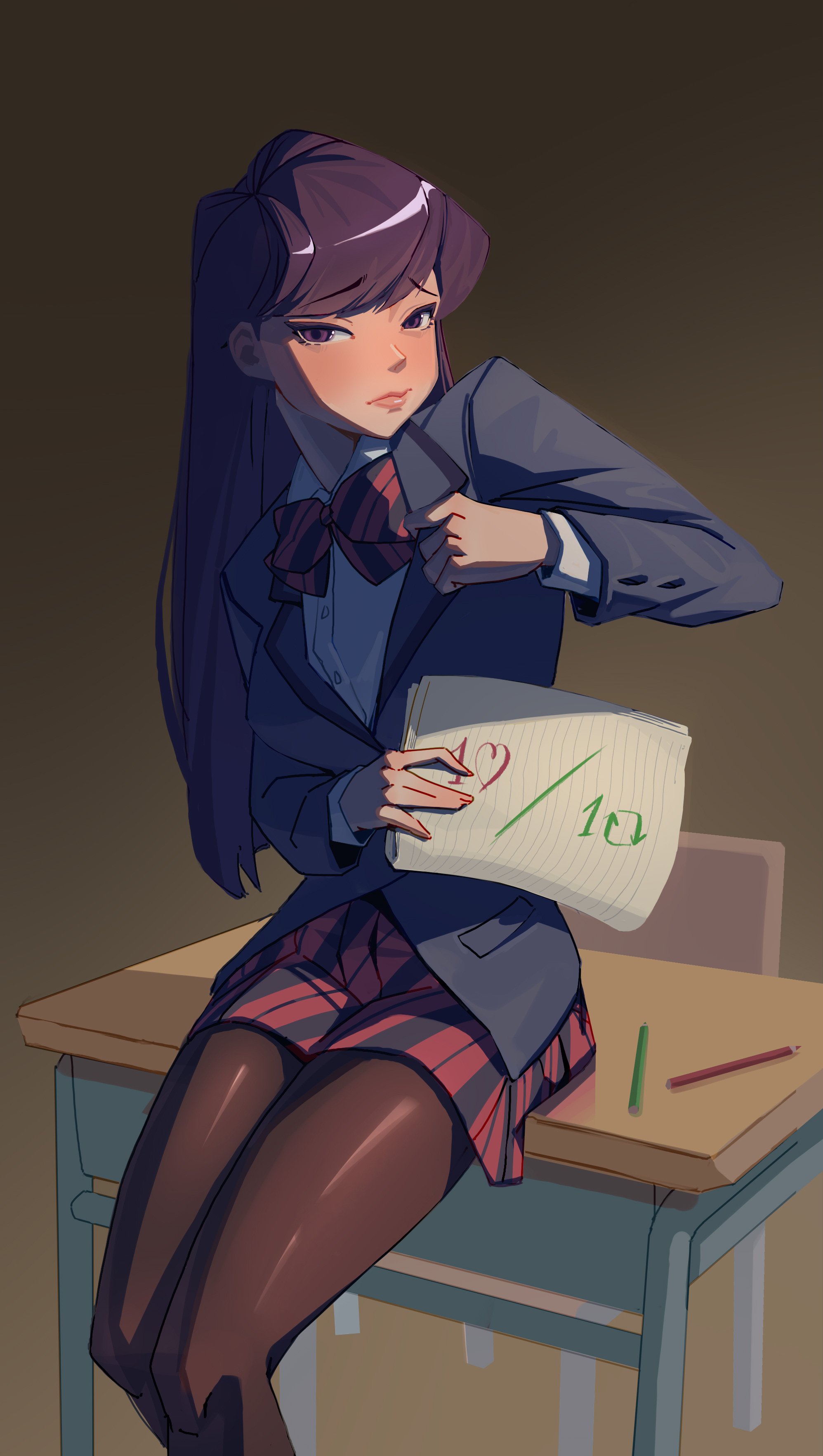 1girls, big breasts, blush, breasts, covering, covering breasts, female, female only, komi shouko, komi-san wa komyushou desu, long hair, looking at viewer, miniskirt, notebook, pantyhose, school uniform, schoolgirl, schoolgirl uniform, skirt, solo, strip game, suayber, tight clothing, tights, wide hips