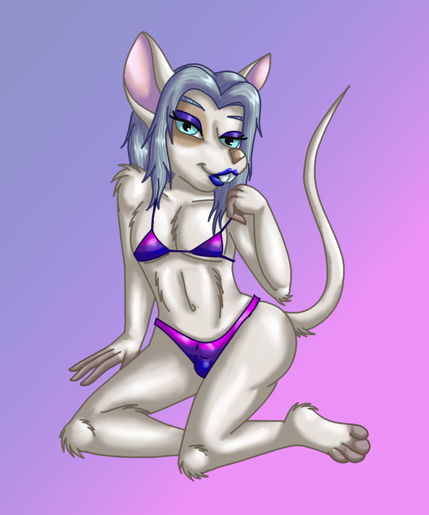 anthro balls_outline bikini bikini_bottom bikini_top bisexual bulge cheryl_lapin clothed clothing crossdressing detailed_bulge genital_outline girly jamie_(cheryl_lapin) lipstick makeup male mammal mouse murid murine rodent sheath_outline solo swimwear