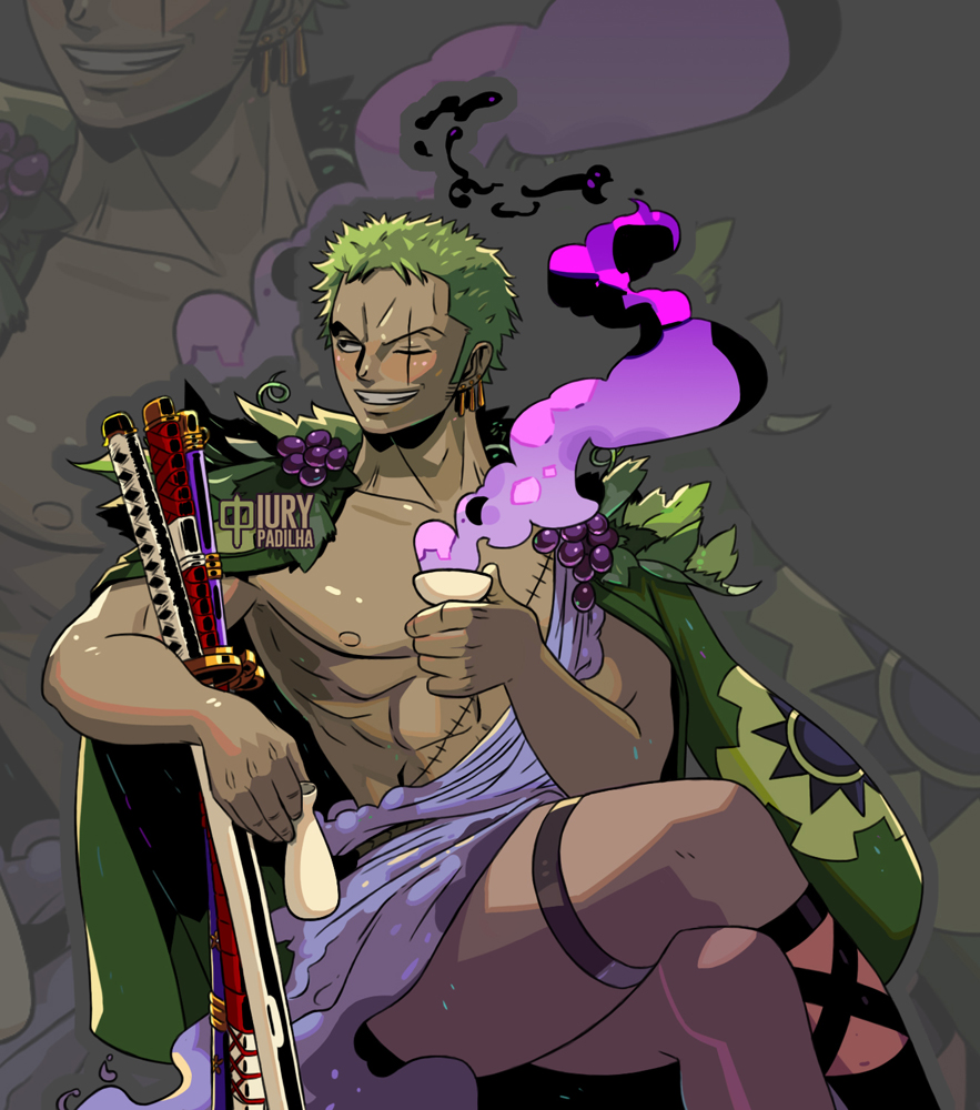 1boy 2023 blush cosplay crossover deity dionysus dionysus_(hades) earrings european_mythology greek_mythology green_hair hades_(game) iury_padilha legs_crossed male male_only mythology one_eye_closed one_piece public_domain roronoa_zoro sake scar shounen_jump smile solo solo_male supergiant_games sword thighs toei_animation wine