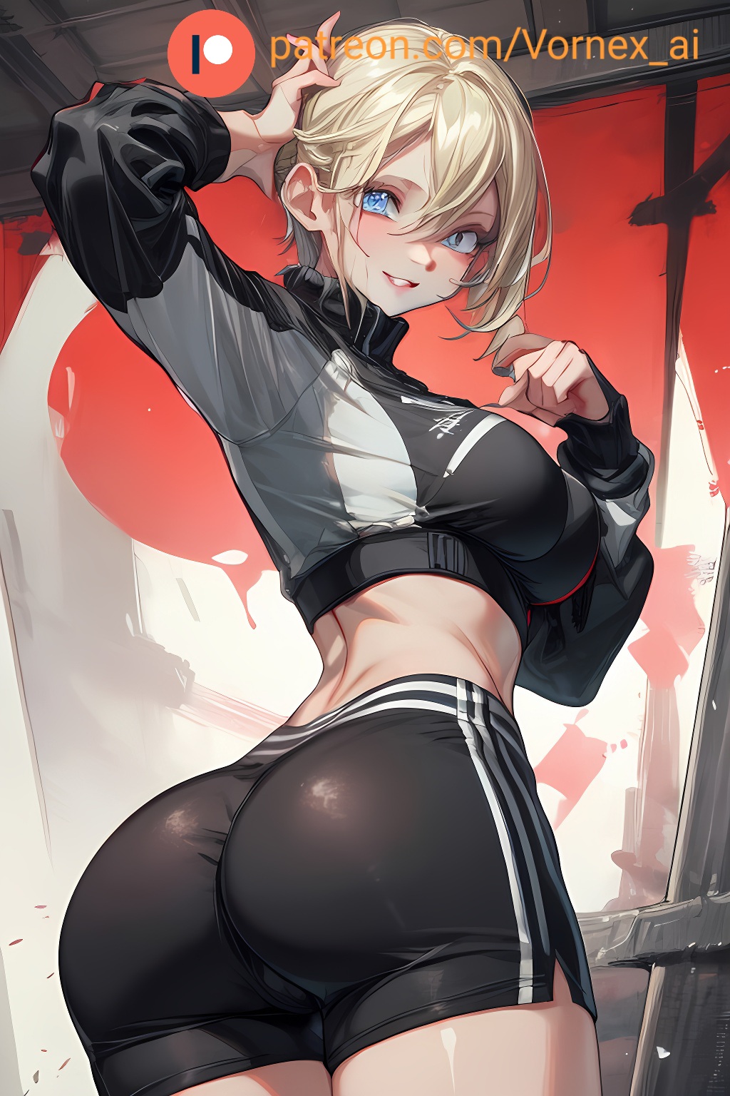 1girls, ai generated, arched back, ass, ass focus, back, back view, big ass, blonde hair, curvy, curvy female, curvy figure, female, gym leader, iana (rainbow six), leggings, looking at viewer, rainbow six siege, seductive, short hair, shorts, sports bra, thick thighs, vornex ai