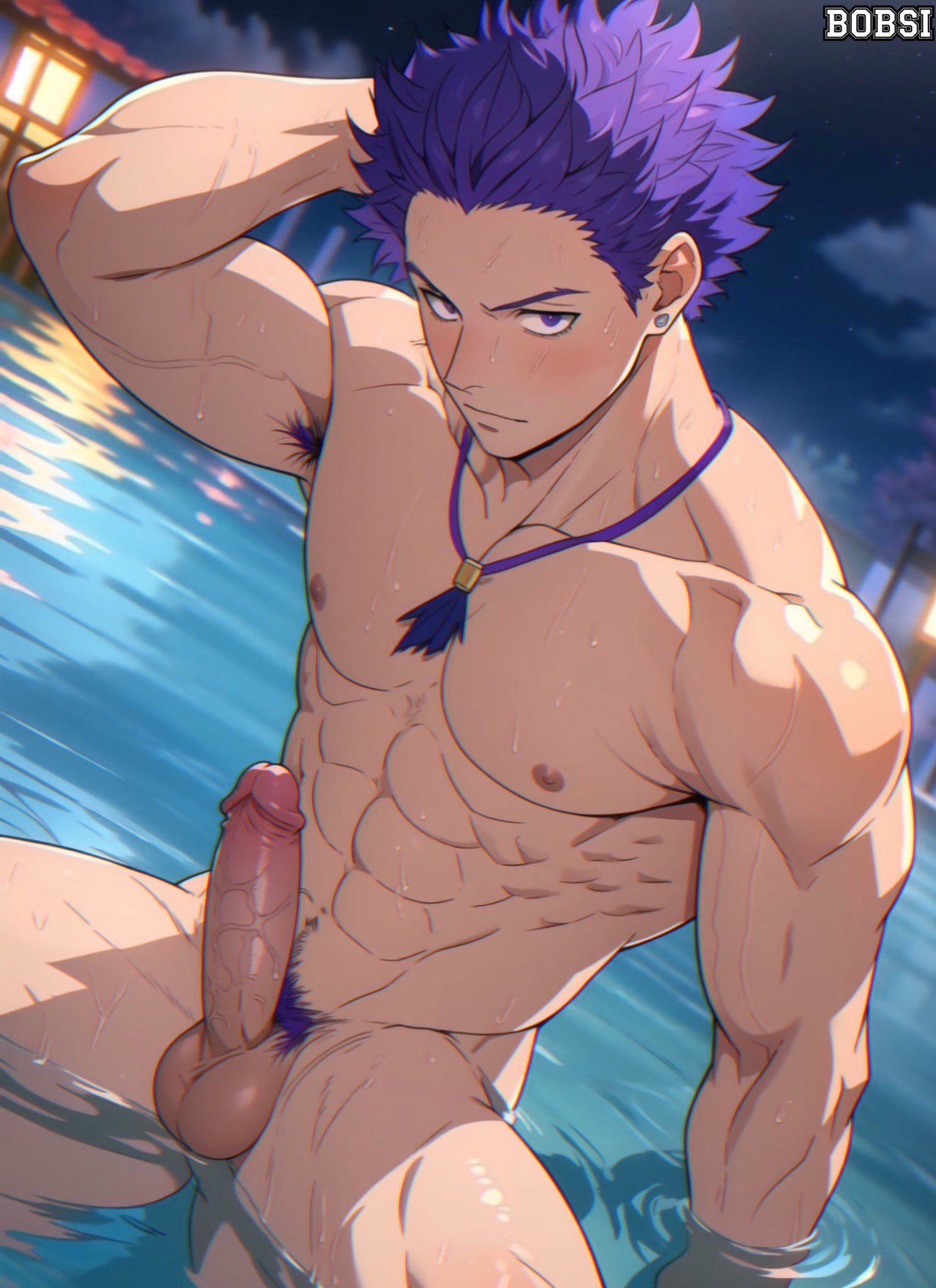 1boy 1male 1man abdomen abs ai_generated armpit_hair armpits balls ballsack biceps bobsi boner cock deltoids dick erect_penis erection gay hitoshi_shinso male male_focus male_nipples male_only muscular muscular_male my_hero_academia nipples nuts nutsack pecs pectorals penis public purple_eyes purple_hair scrotum solo testicles trapezius triceps yaoi