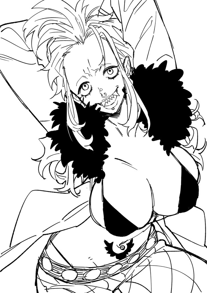 arms_up bartolomeo big_breasts bikini_top cleavage fangs female female_only fur_collar grin high-angle_view lip_piercing long_hair looking_at_viewer looking_up monochrome no_eyebrows nose_piercing nose_ring one_piece pubic_tattoo rule_63 sena_azuki septum_piercing sharp_teeth smile solo tattoo