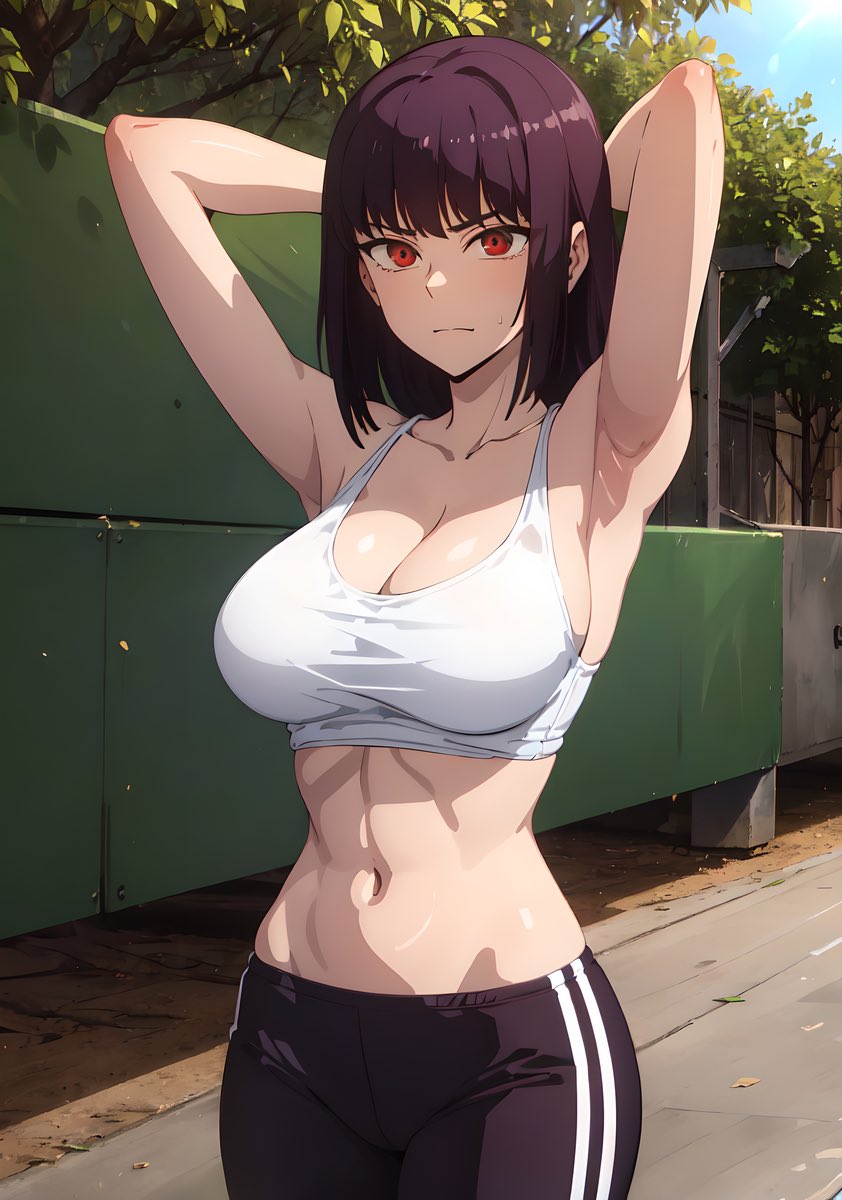 1girls, ai generated, armpits, arms behind head, big breasts, breasts, busty, cleavage, female, female only, gym uniform, hi res, legs, looking at viewer, midriff, navel, pants, please don't bully me, nagatoro, pose, posing, president (nagatoro), purple hair, red eyes, sana sunomiya, sensual, sexy armpits, solo, sports bra, sportswear, stable diffusion, thighs, toned