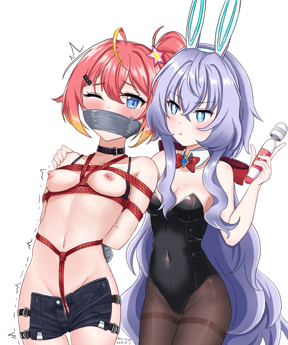 2girls ahoge arms_behind_back blush bondage bowtie bowtie_collar bunny_girl bunnysuit counter:side duct_tape fake_animal_ears horizon_(counter:side) long_hair multicolored_hair multiple_girls neko_huan pussy_juice rachel_dodds red_hair rope rope_bondage sex_toy short_hair slight_blush tape taped_mouth traditional_bowtie trembling vibrator yuri