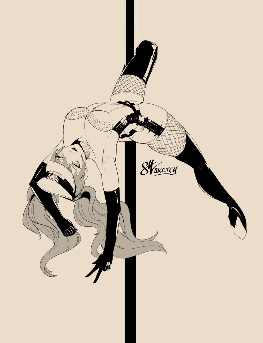 1girls eightyfourart female_only kujikawa_rise monochrome persona persona_4 pole_dancing stripper_pole