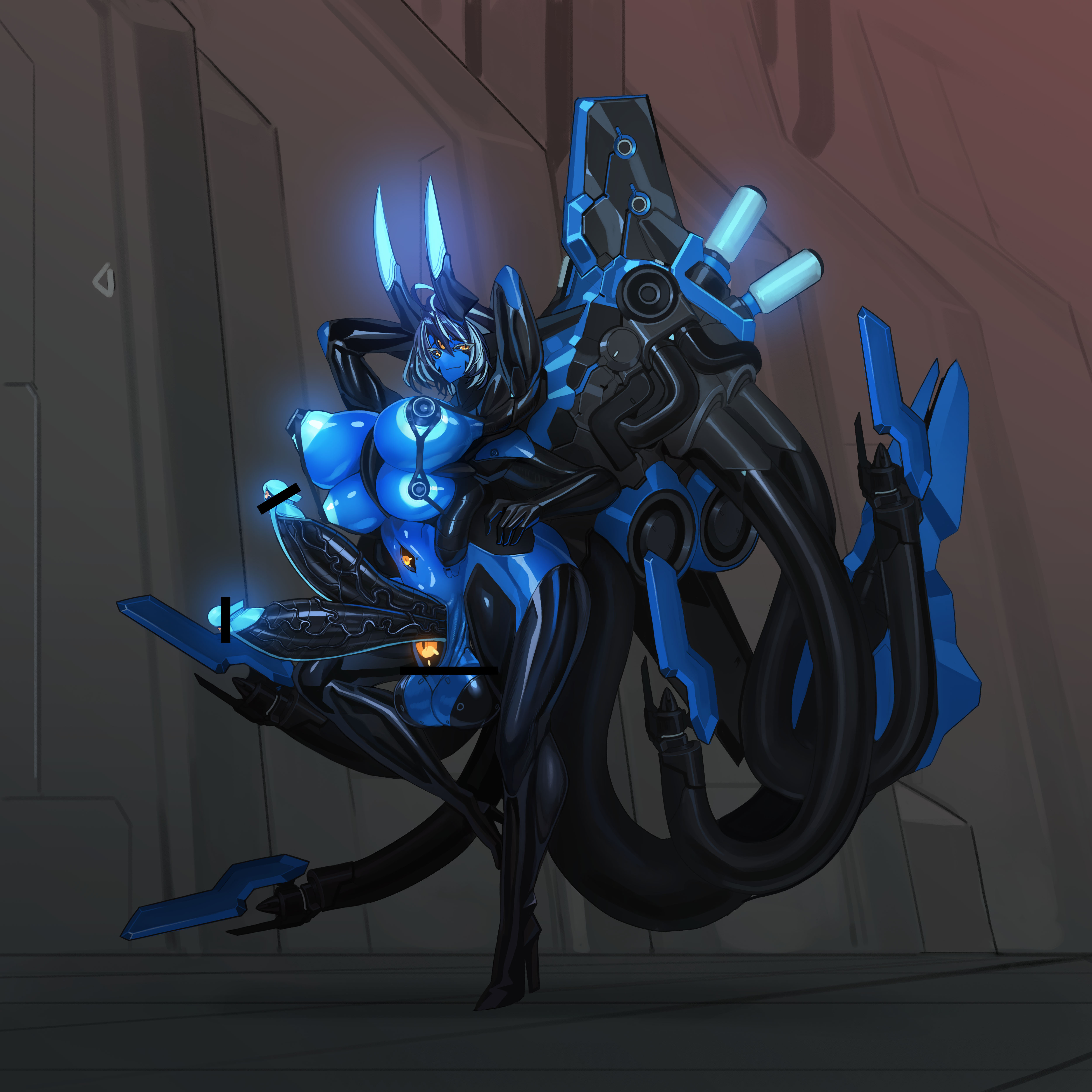2 penises, 4 breasts, after transformation, areolae, ass, big breasts, body modification, bodysuit, breast expansion, breast growth, breast growth (enlargement), breasts, censored, claws, clothed, clothing, diphallia, diphallism, female, futanari, glowing, heeled feet, high heels, horns, huge ass, huge breasts, humanoid, intersex, machina (omega processor), mecha musume, mid-transformation, monster girl, mosaic censoring, mostly clothed, mostly nude, multi breast, multi genitalia, multi penis, navel, nipples, penis, platinum1945, post-transformation, robot girl, robotization, solo, standing, thick thighs, transformation, wide hips, wings