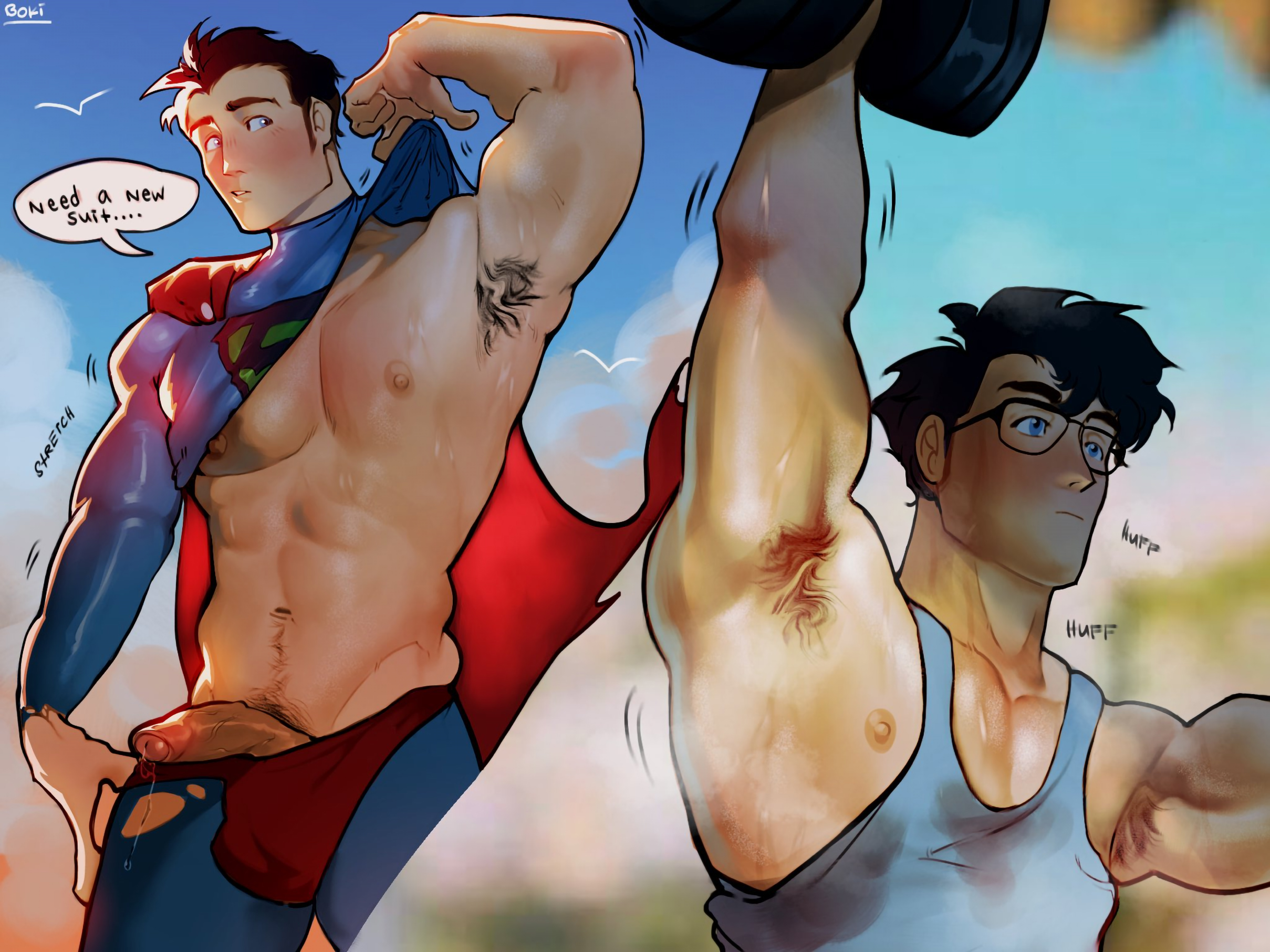 1boy, 2023, abs, armpit fetish, armpit hair, balls, bara, biceps, big penis, black hair, blue eyes, blush, clark kent, clark kent (my adventures with superman), clothing, dc, dc comics, dialogue, english text, foreskin, gay, haideebobs, half-erect, hi res, highres, kal-el, male, male focus, male nipples, male only, male pubic hair, masculine male, muscles, muscular, muscular arms, muscular male, my adventures with superman, nipples, partially retracted foreskin, penis, precum, precum drip, pubic hair, retracted foreskin, solo, solo male, superhero, superman, superman (clark kent), superman (series), sweat, taking clothes off, text, tight clothing, uncircumcised, vein, veiny penis, yaoi